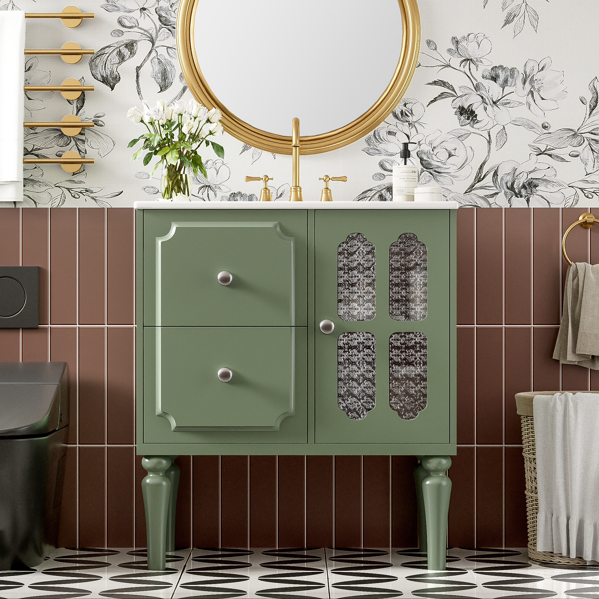 Retro Style 30'' Bathroom Vanity with Ceramic Sink Combo, Freestanding Single Vanity with 2 Drawers, Solid Wood Frame Bathroom Storage Cabinet, Green