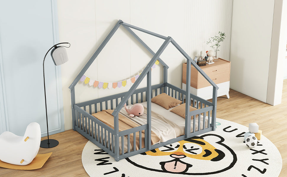 Full Wood House-Shaped Floor Bed with Fence, Guardrails,Grey