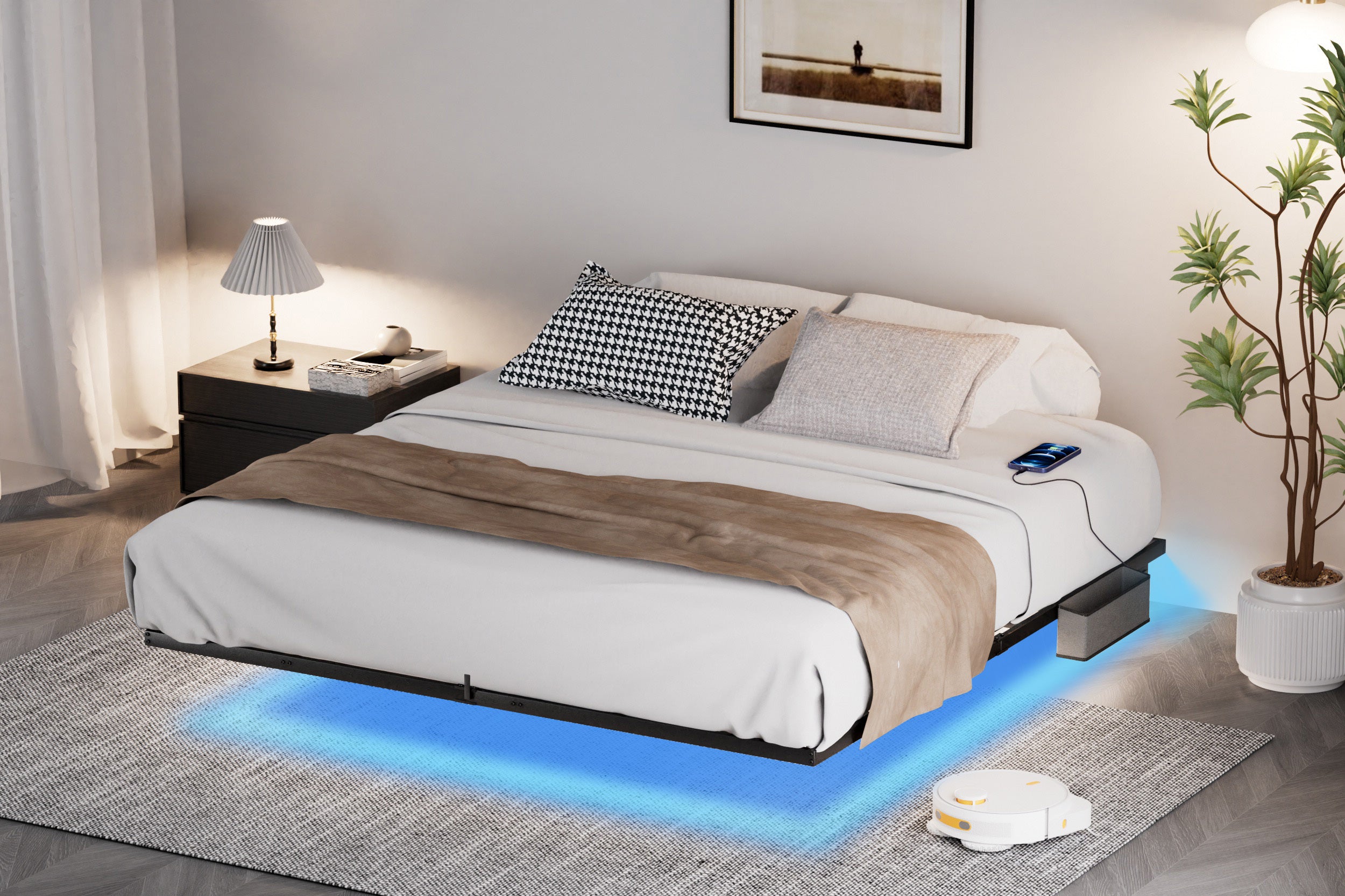 Floating Bed Frame King Size with LED Lights ＆ charging station, Metal Platform Queen Bed, 79.9'' L x 76.2'' W x 7.9'' H.