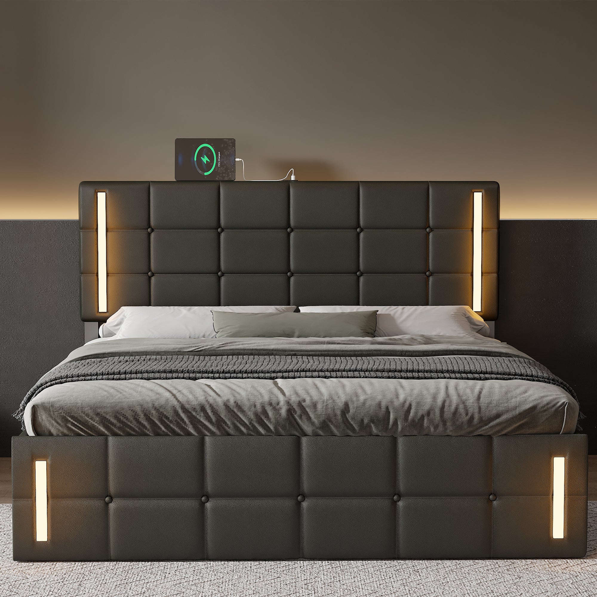 Queen Size Upholstered Bed with LED Lights,Hydraulic Storage System and USB Charging Station,Black