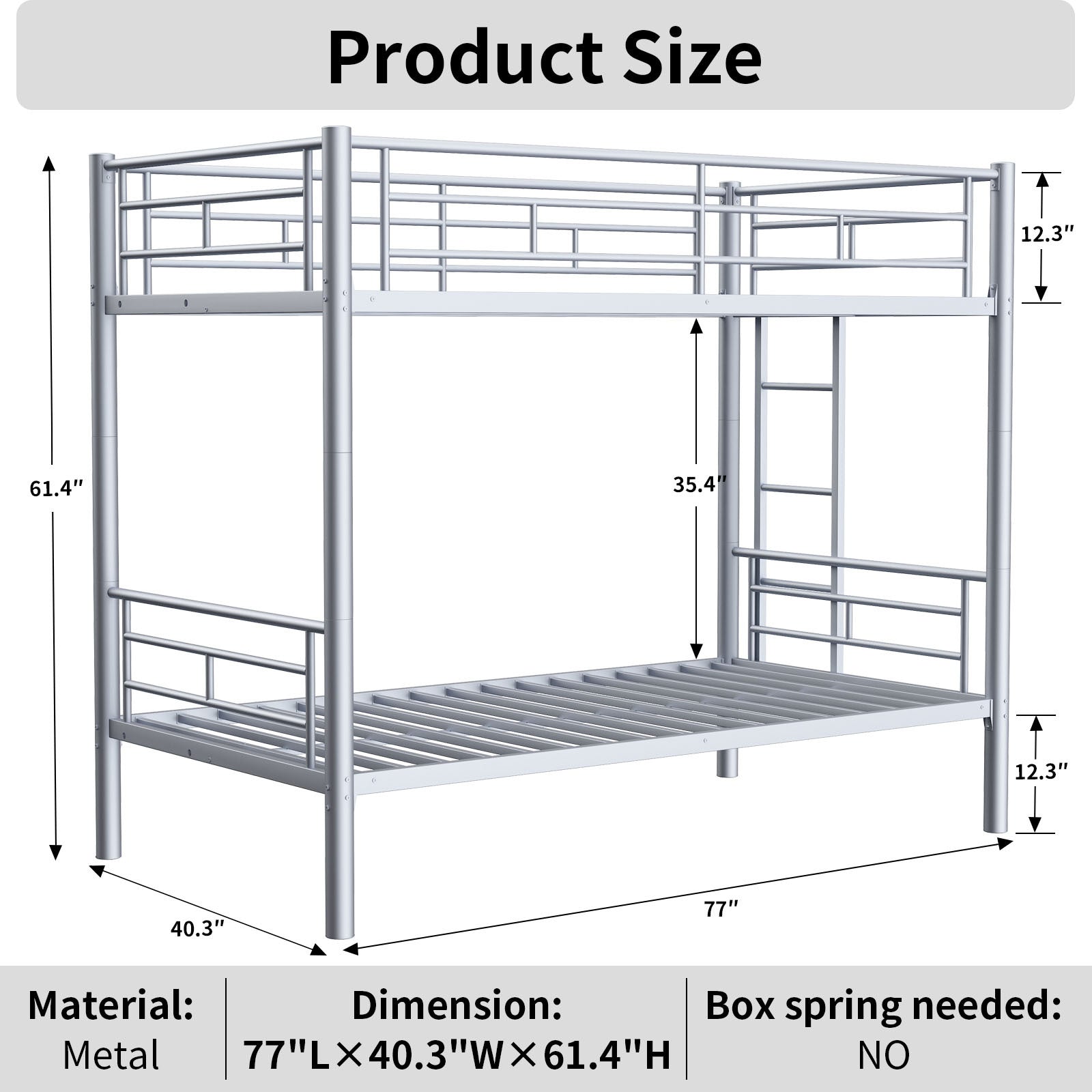 Bunk Bed Twin Over Twin Size with Ladder and high Guardrail, Able to Split, Metal Bunk Bed, Storage Space, Noise Free,Grey Silver