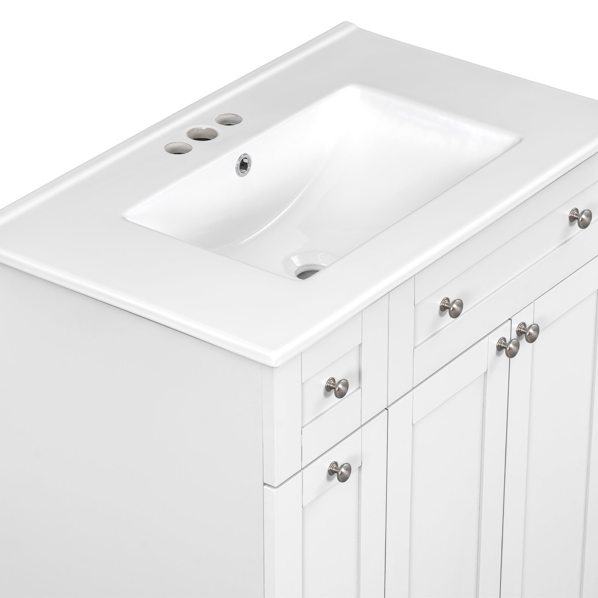 30-Inch White Bathroom Vanity with Ceramic Sink Combo, Abundant Storage Cabinet - 2 Soft close Doors and Double-tier Deep Drawer