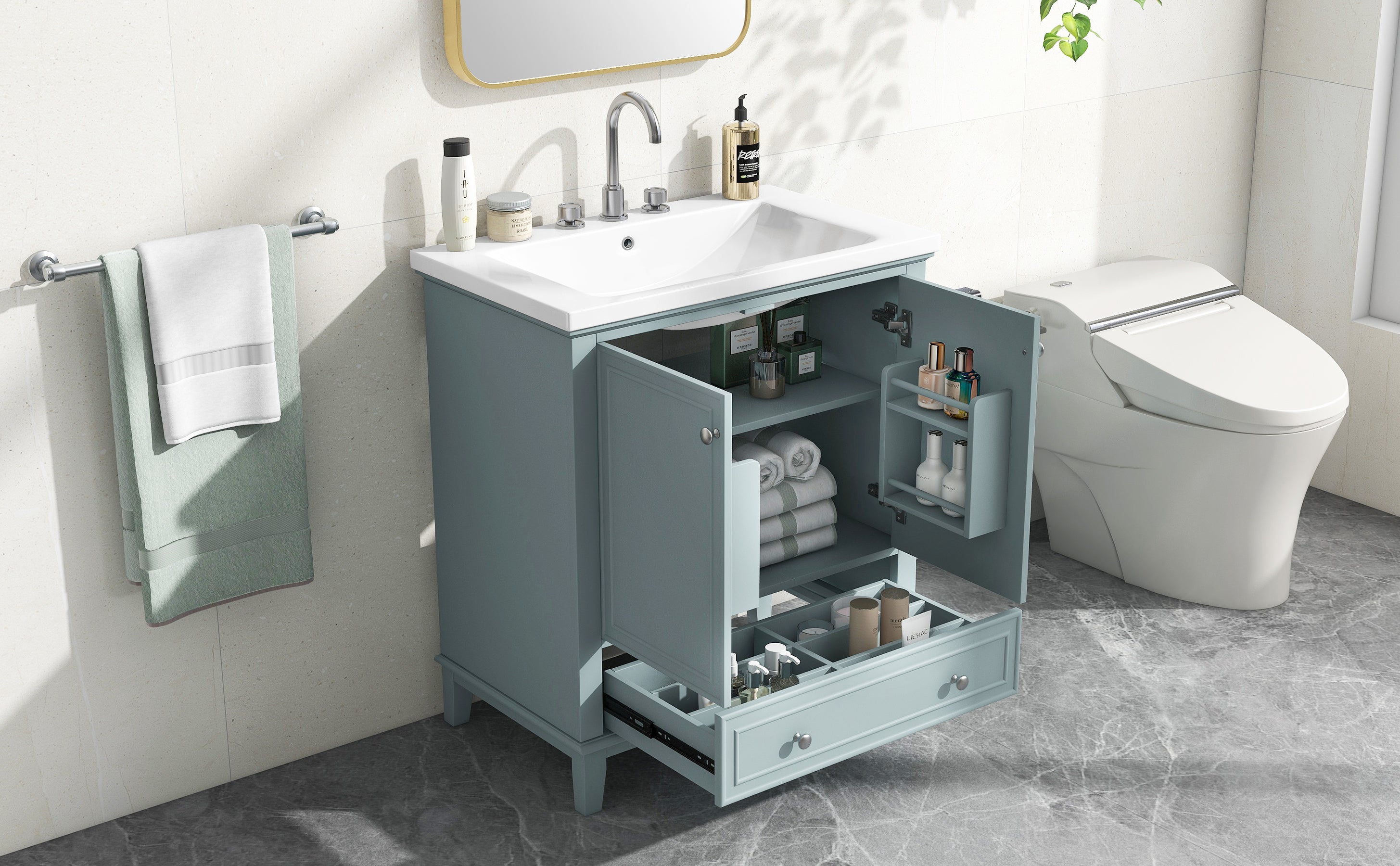 30" Bathroom Vanity with Sink Combo, Multi-functional Bathroom Cabinet with Doors and Drawer, Solid Frame and MDF Board, Green (Old Sku:SY999606AAC)