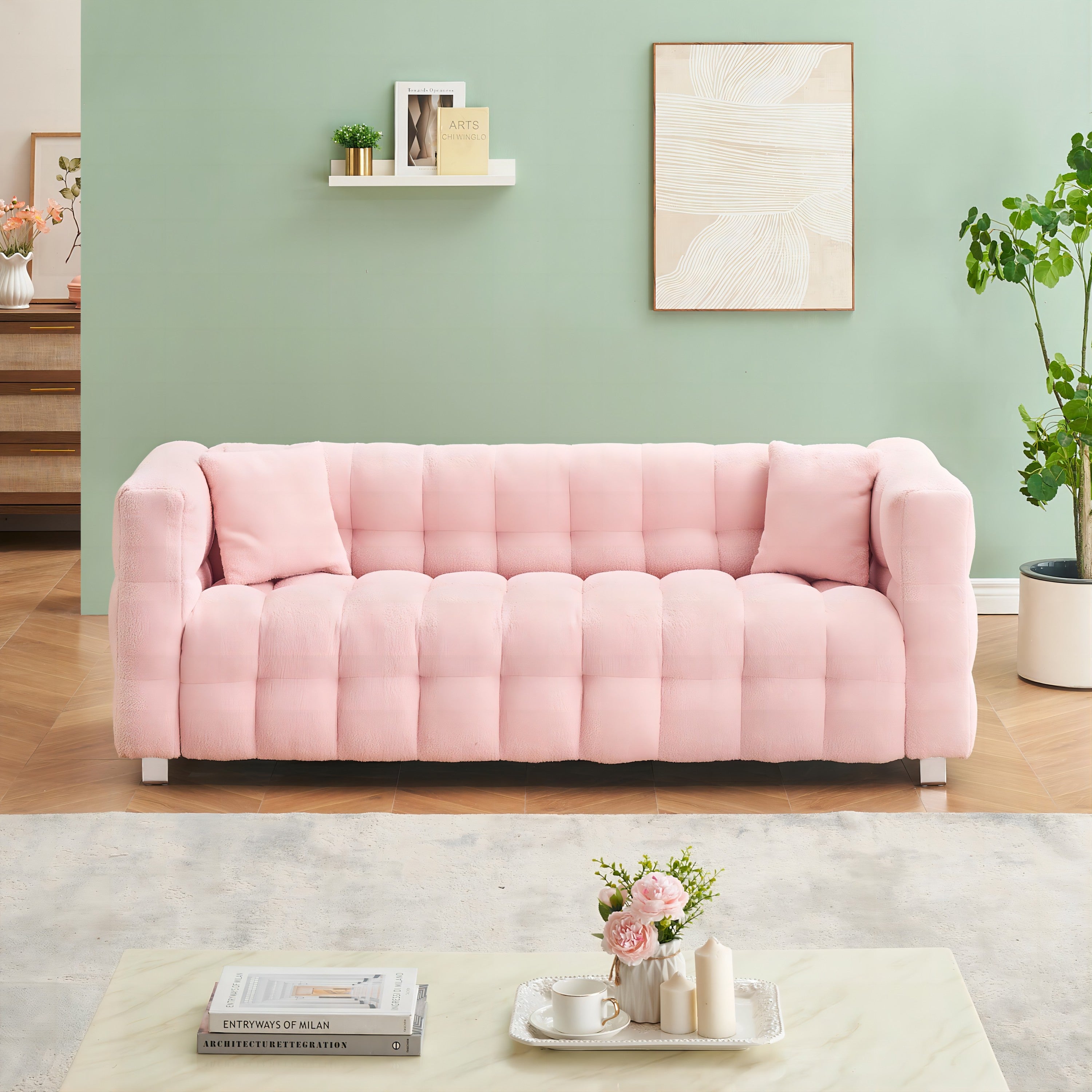 Stylish Addition: Pink Teddy Fleece Sofa - 80 Inch, Perfect for Living Room or Bedroom, Complete with Two Throw Pillows and Sturdy Hardware Foot Support