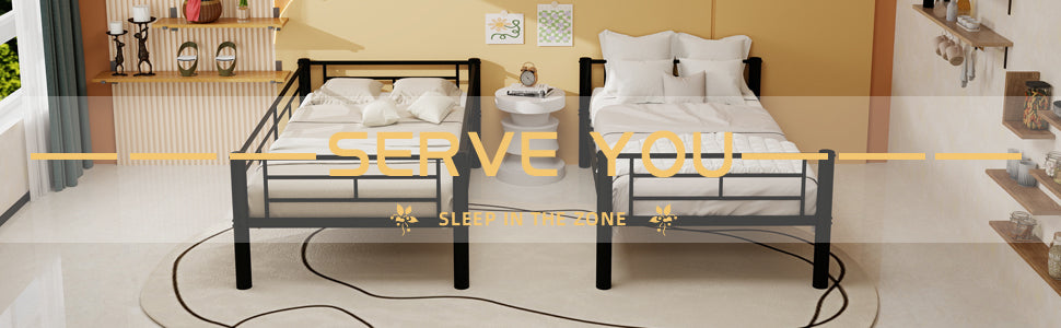 Twin over twin metal bunk bed, angled side view