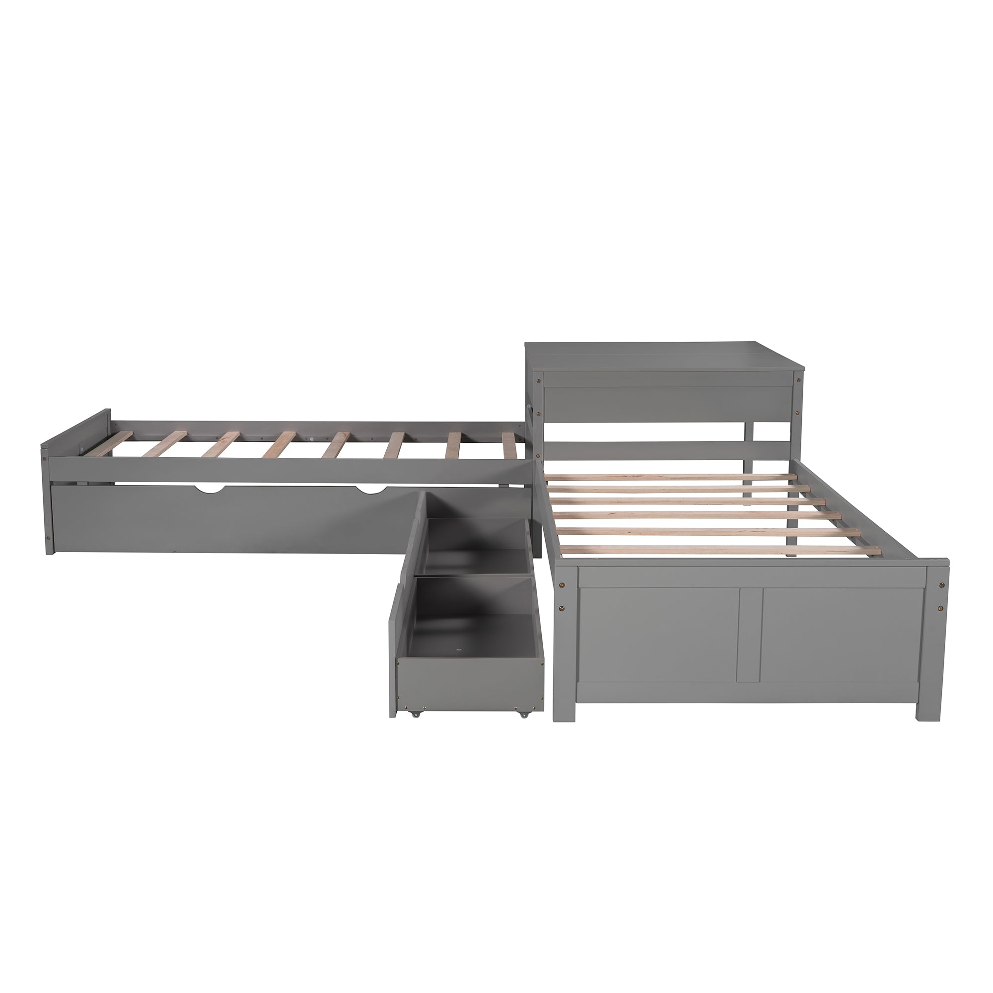 L-shaped Platform Bed with Trundle and Drawers Linked with built-in Desk,Twin,Gray(Old SKU:SM000916AAE-1)