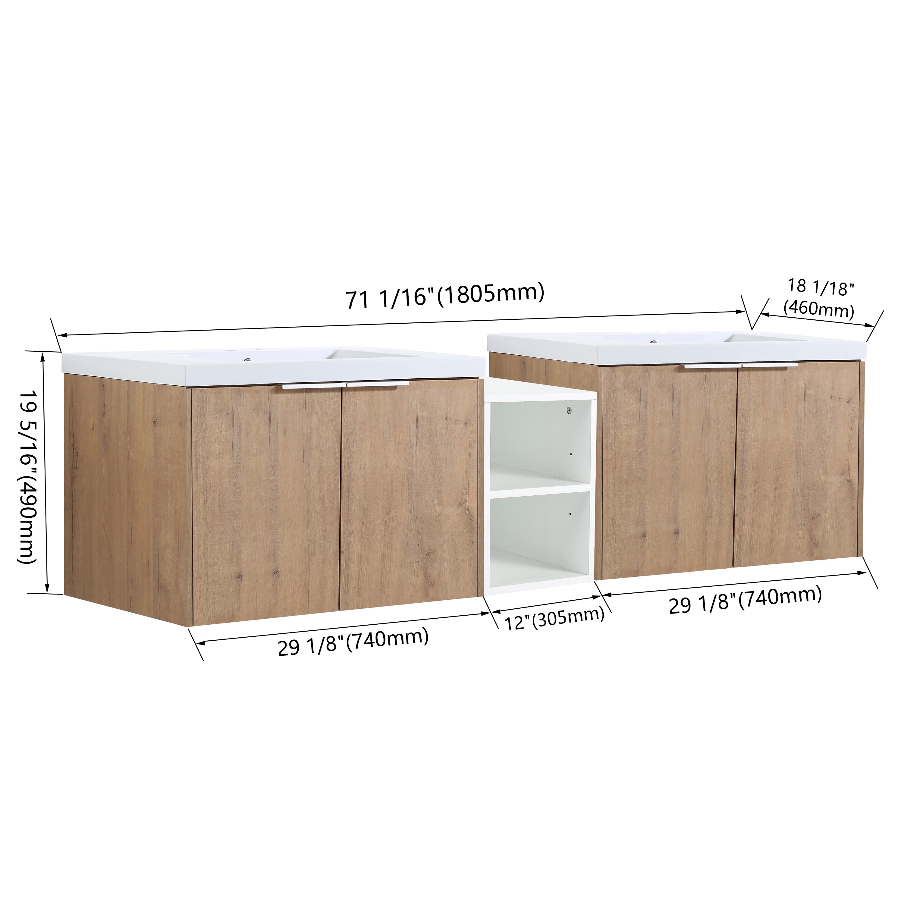 72 Inch Soft Close Doors Bathroom Vanity With Sink, A Small Storage Shelves, 30" and 12" Combination Cabinet,(KD-Packing)