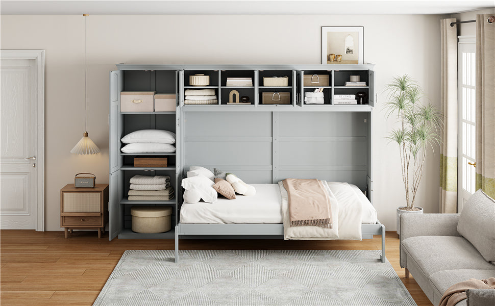 Queen Size Murphy Bed Wall Bed with Cabinets,Gray