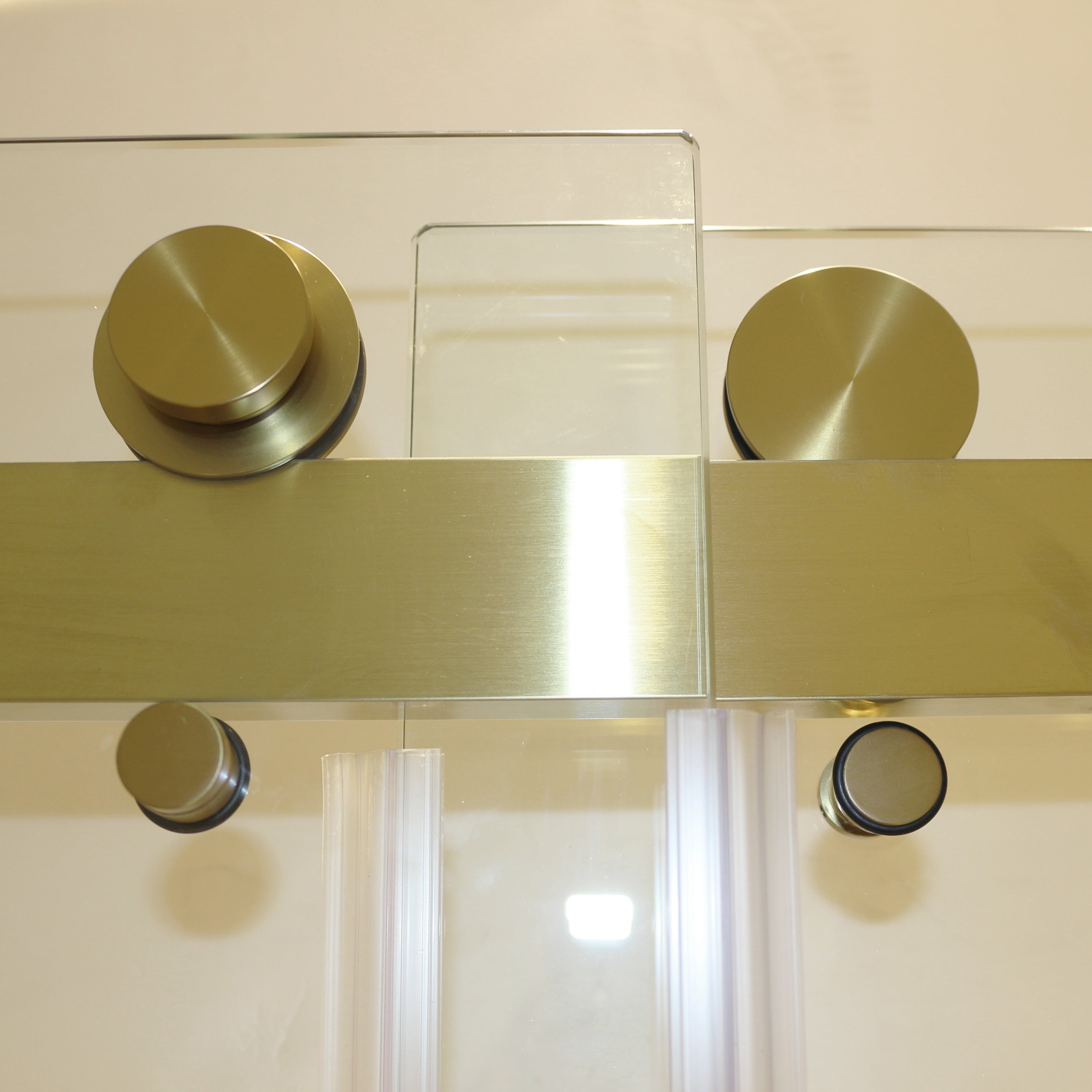 Frameless sliding shower door 55-59 in brushed gold round handle view