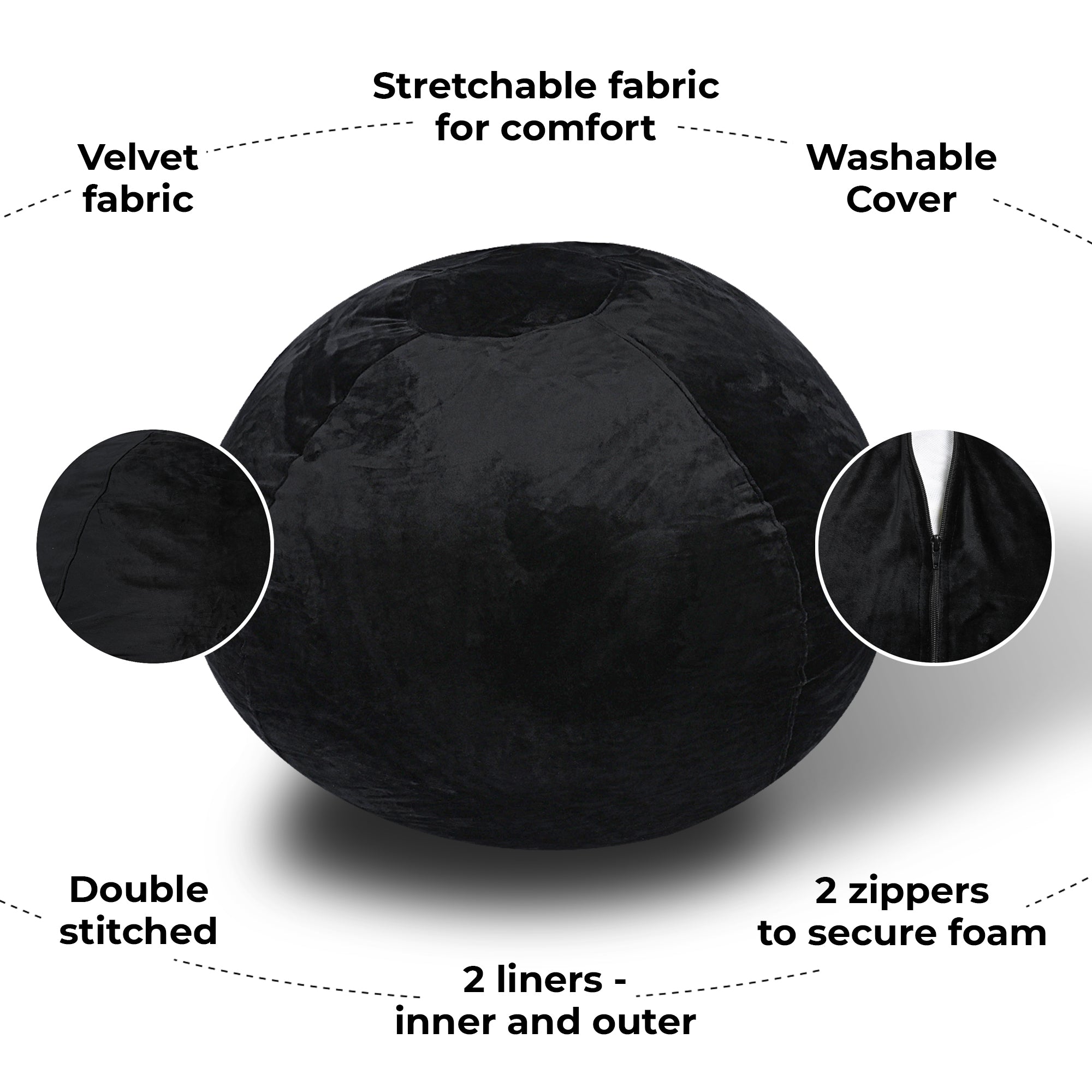 Minky Velvet Bean Bag Chair, Black-4ft Plush Floor Chair for Kids and Adults w/ Washable Cover, Lounge Chair with Stretchable Fabric, Comfy Bedroom Chair, Filled with Shredded and Memory Foam.