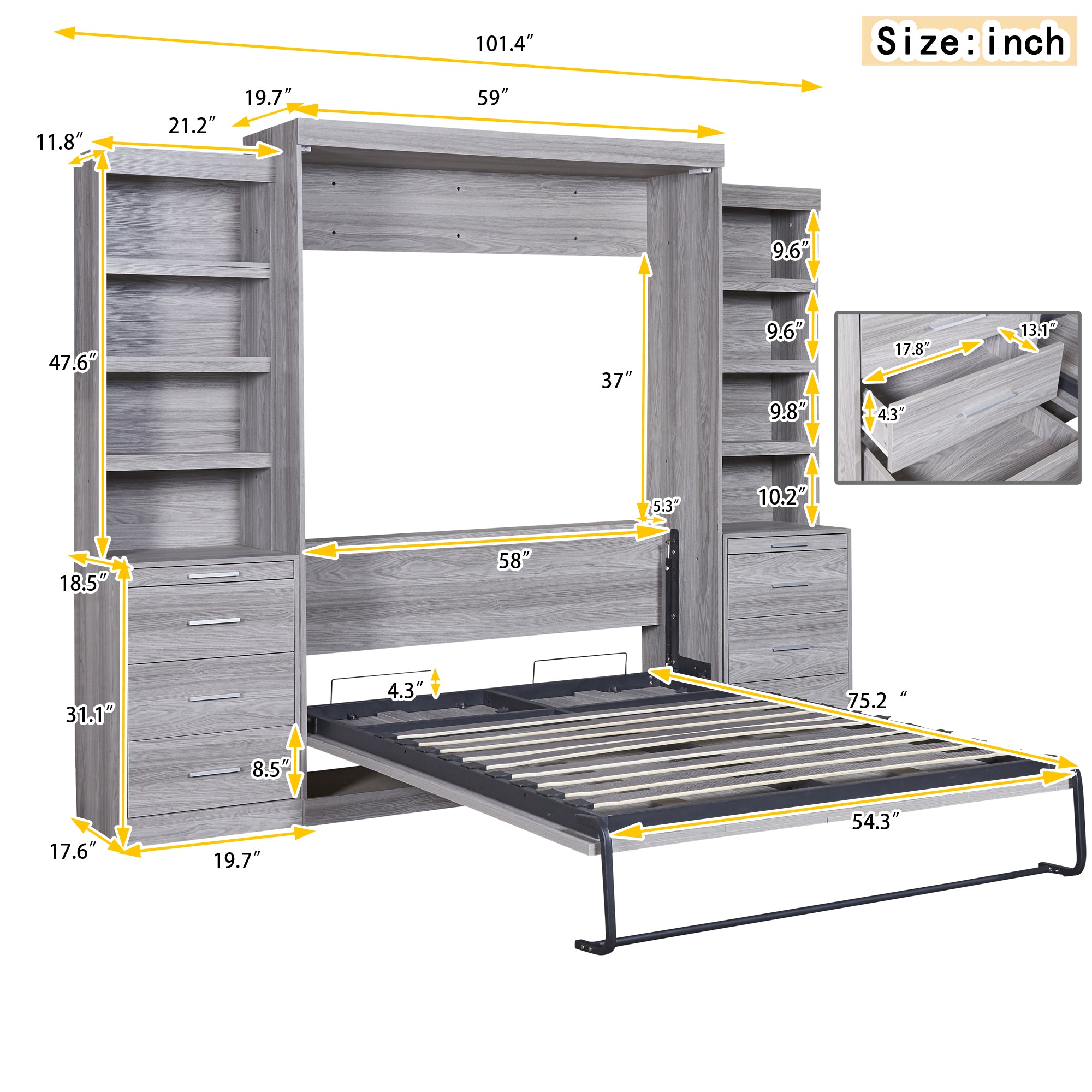 Full Size Murphy Bed with Storage Shelves and Drawers, Gray