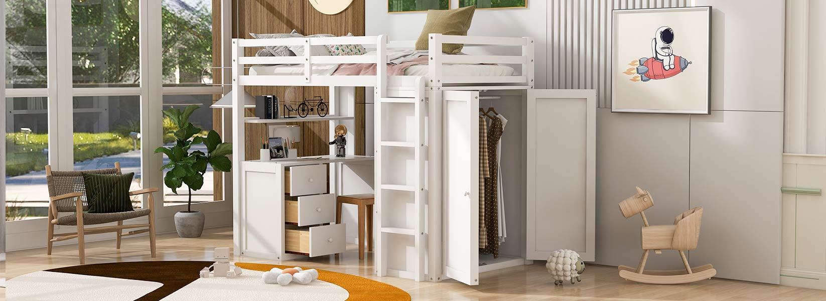 Twin size Loft Bed with Drawers,Desk,and Wardrobe-White