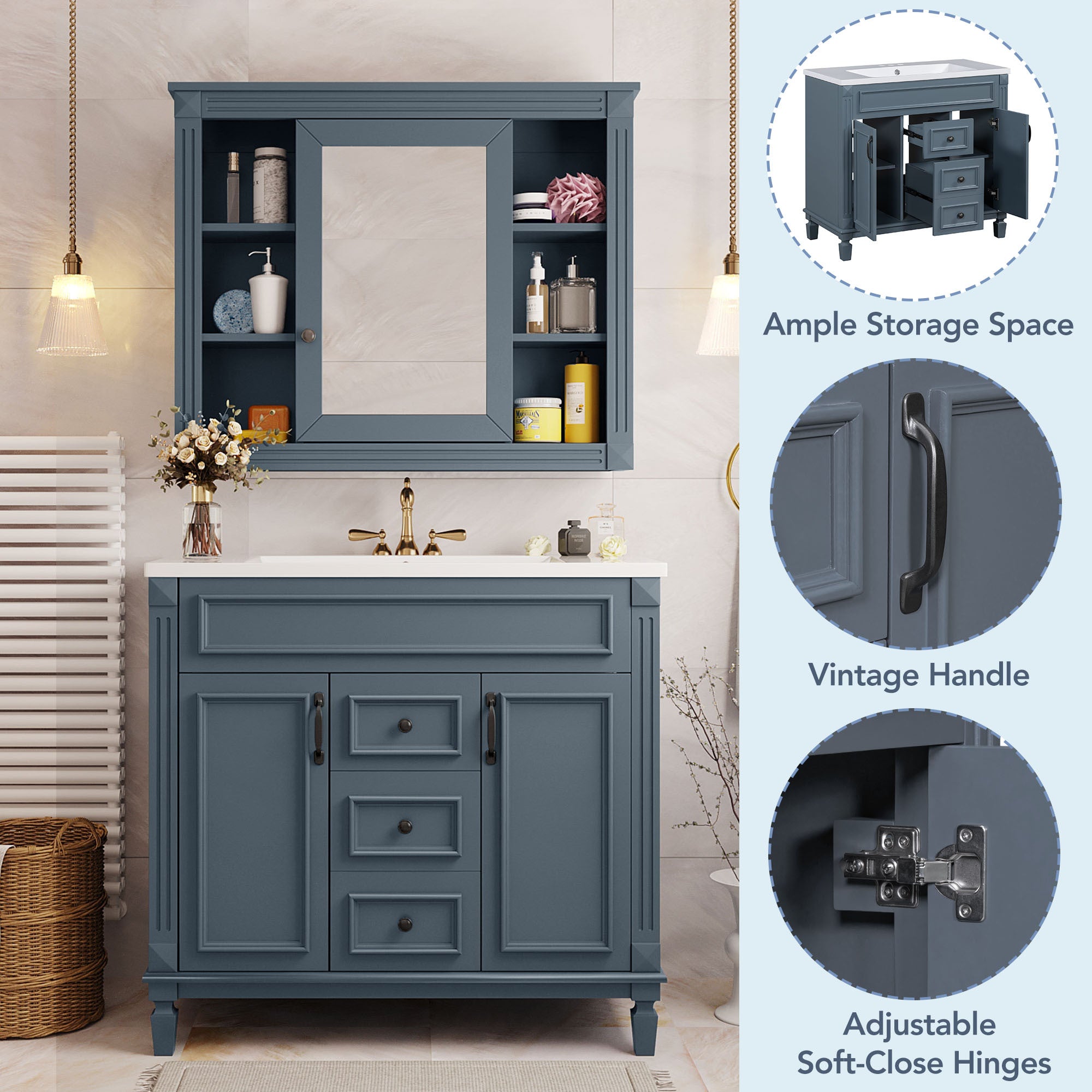 36'' Bathroom Vanity with Top Sink, Royal Blue Mirror Cabinet, Modern Bathroom Storage Cabinet with 2 Soft Closing Doors and 2 Drawers, Single Sink Bathroom Vanity