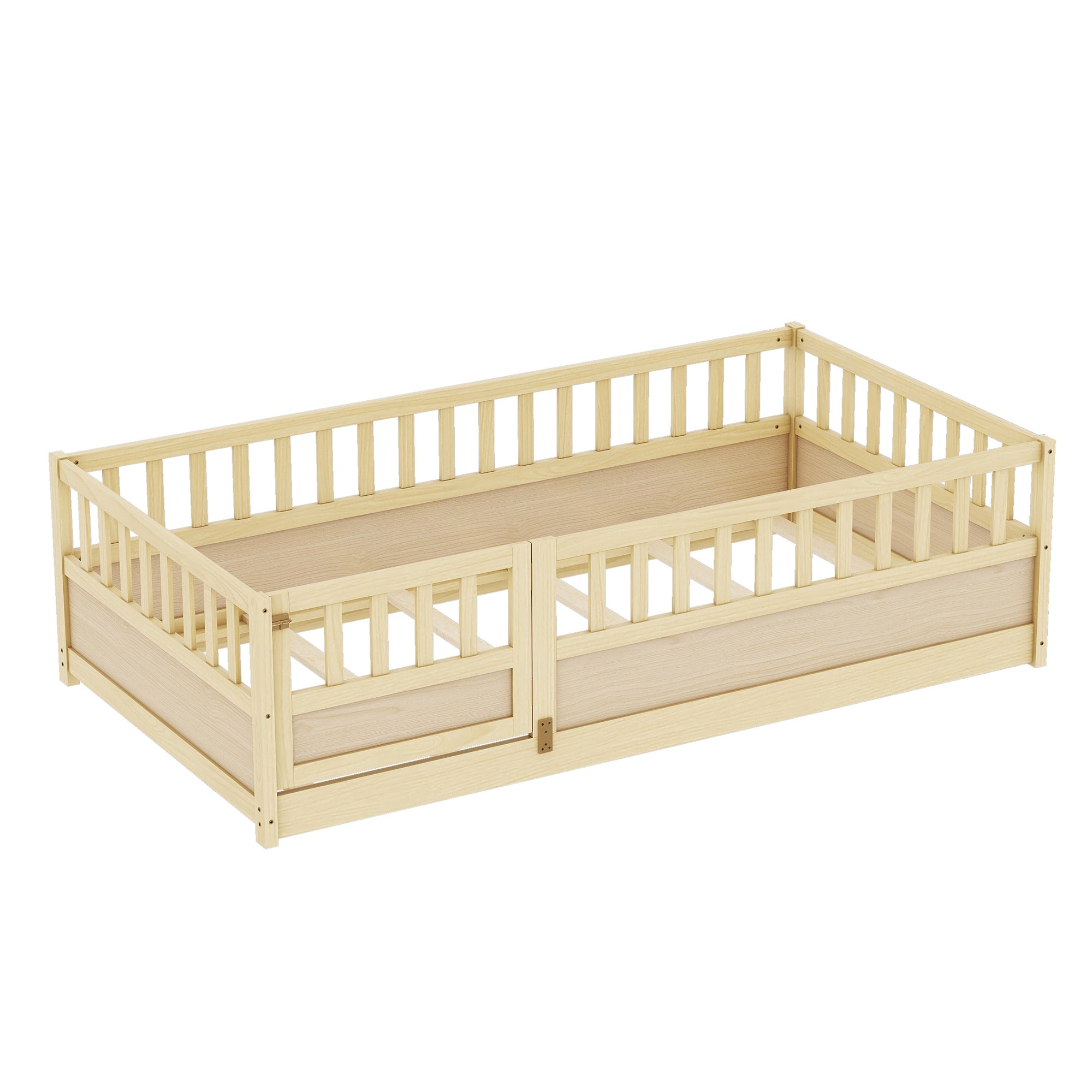 Twin Size Floor bed, integral construction with super high security barrier, door, children's floor bed frame, Montessori wooden children's floor bed, Support  slat Natural Wood