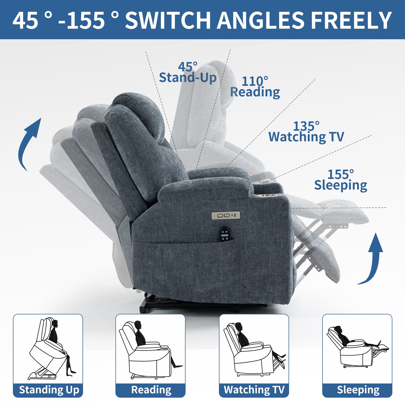 Up to 350 LBS Chenille Power Lift Recliner Chair, Heavy Duty Motion Mechanism with 8-Point Vibration Massage and Lumbar Heating, USB and Type-C Ports, Stainless Steel Cup Holders, Blue