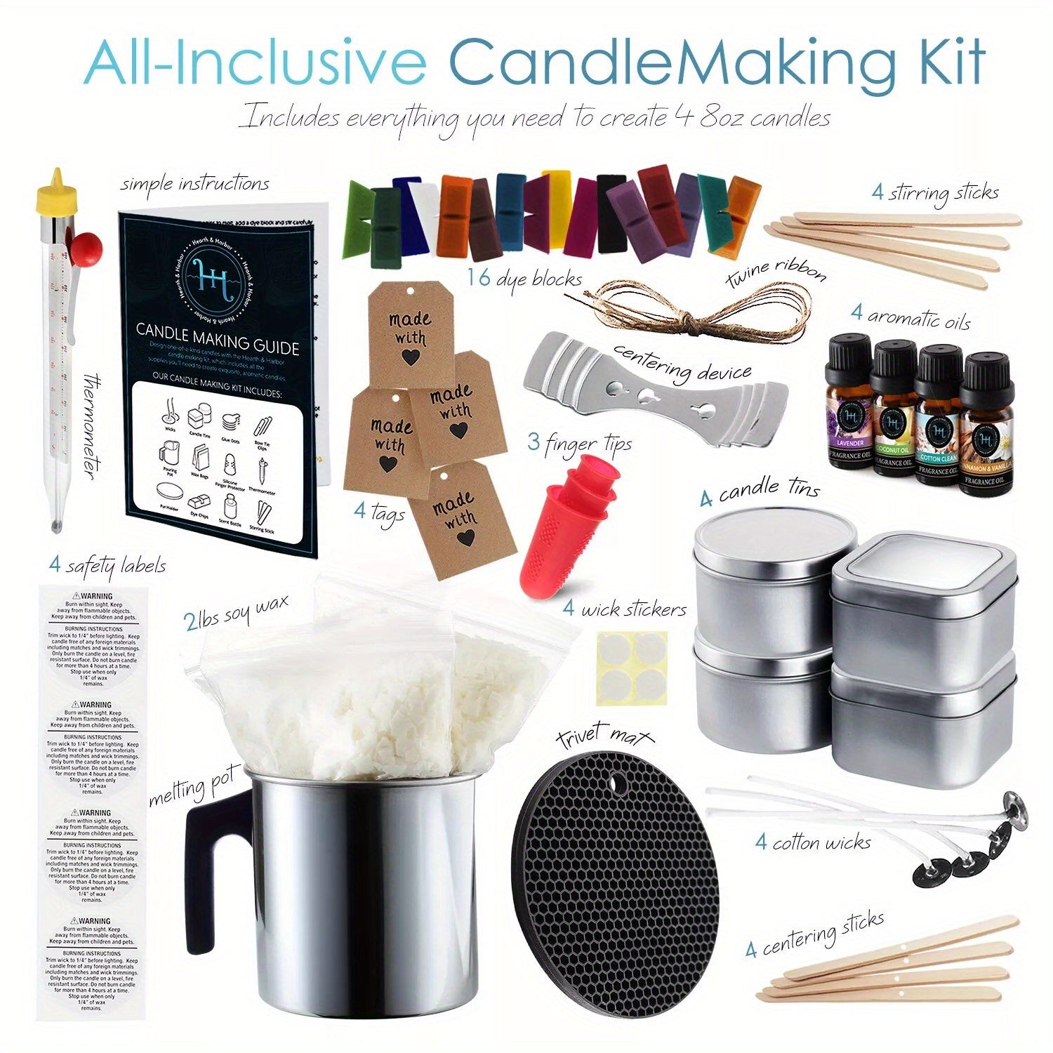 Candle Making Kit – Soy Wax, 16 Color Dyes, Tins, Wicks, Thermometer & Melting Pot!