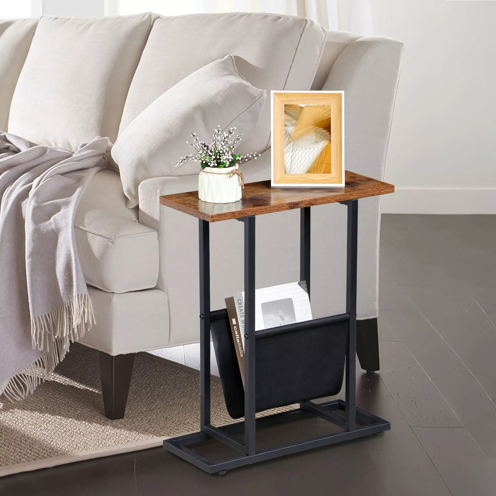 Narrow Side Table for Small Spaces – End Table with Storage & Magazine Holders!