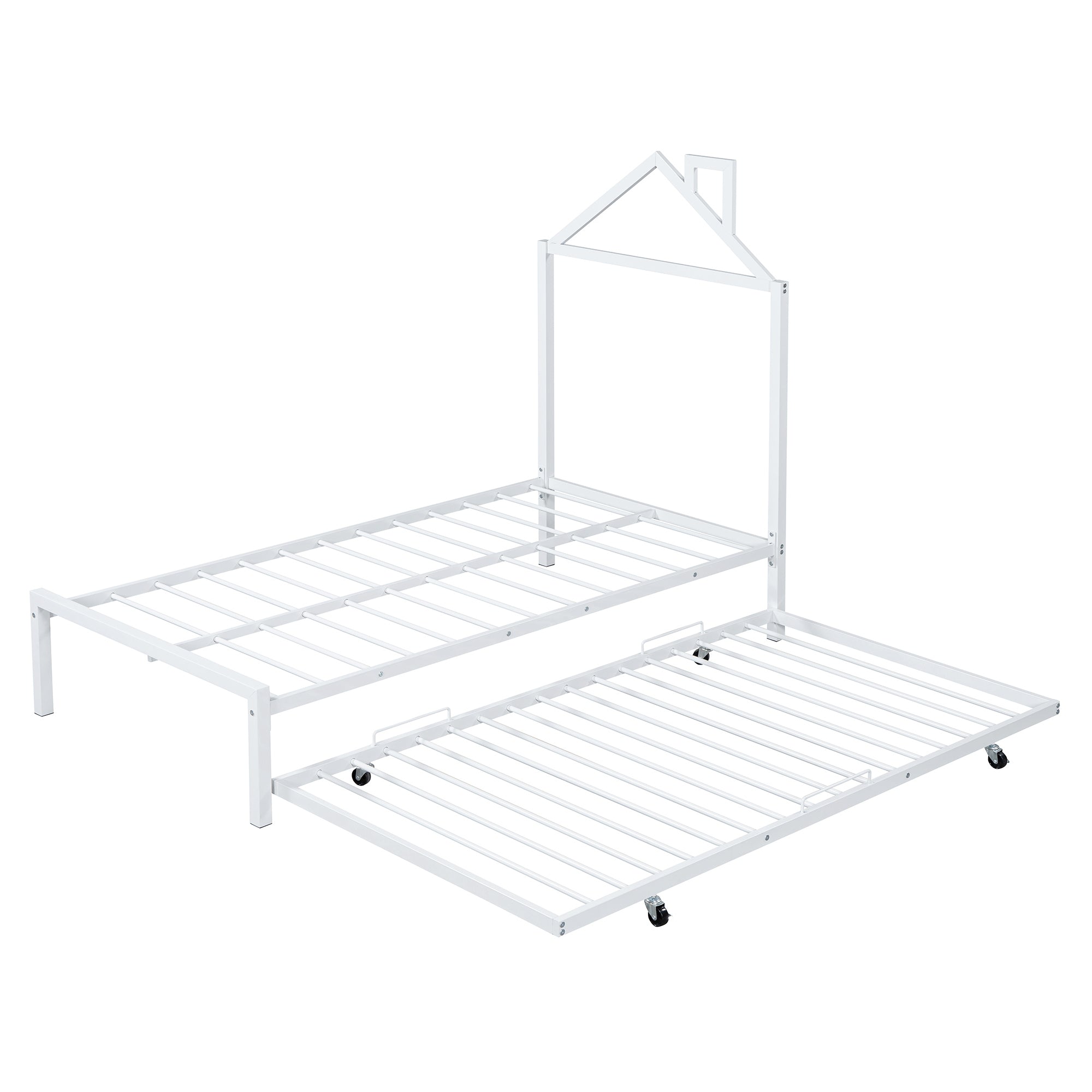 Twin Size Metal Platform Bed with twin size trundle,House-Shaped Headboard Design, White