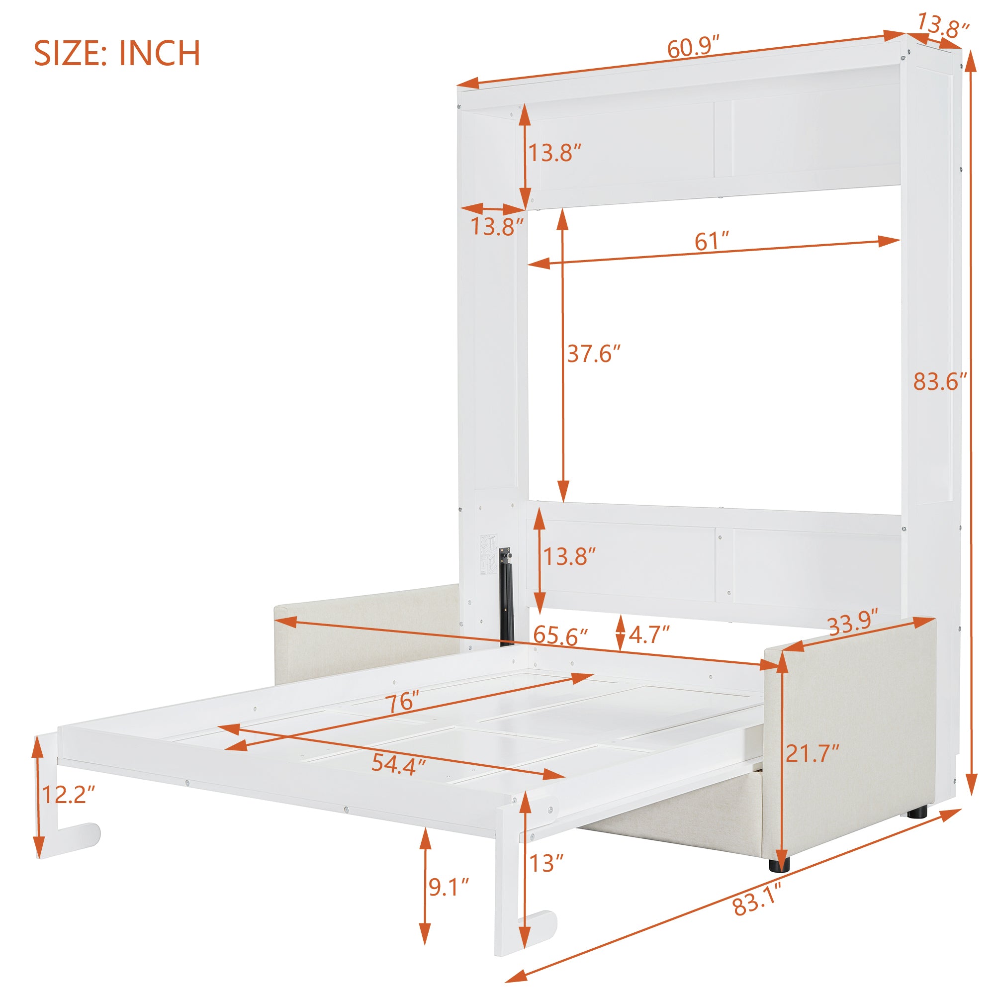 Full Size Murphy Bed Wall Bed with Cushion,White