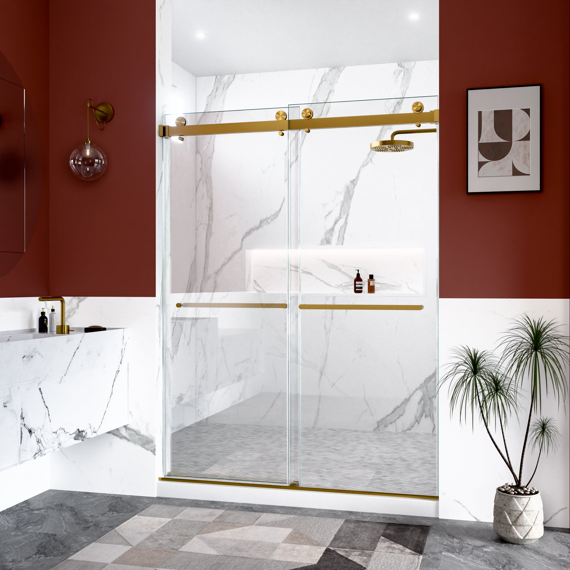 56-60 x 80 in Frameless Double Sliding Shower Door - 56-60 x 80 in / Brushed Gold view 3
