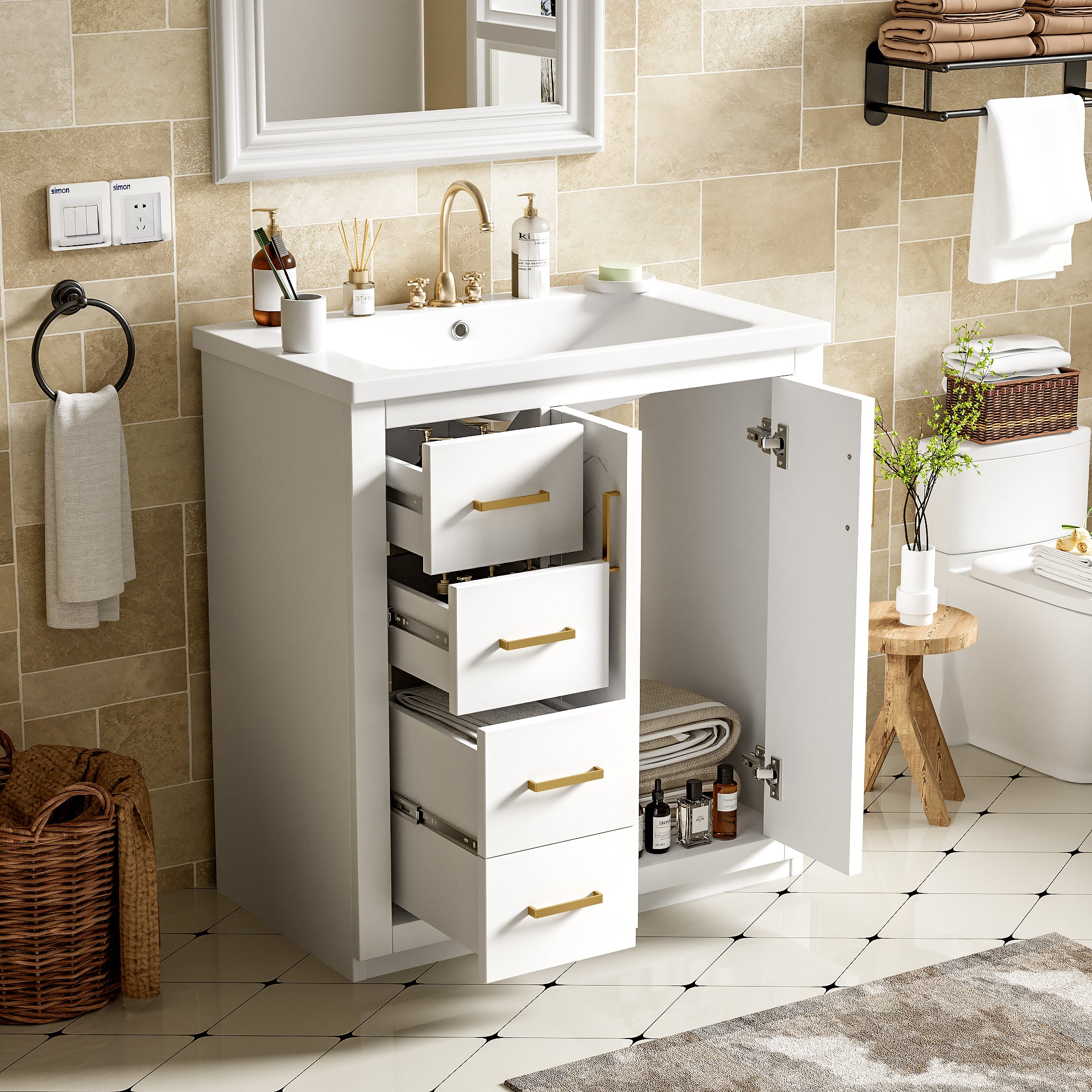30-inch bathroom vanity ceramic sink combo, angled view showing 3 drawers