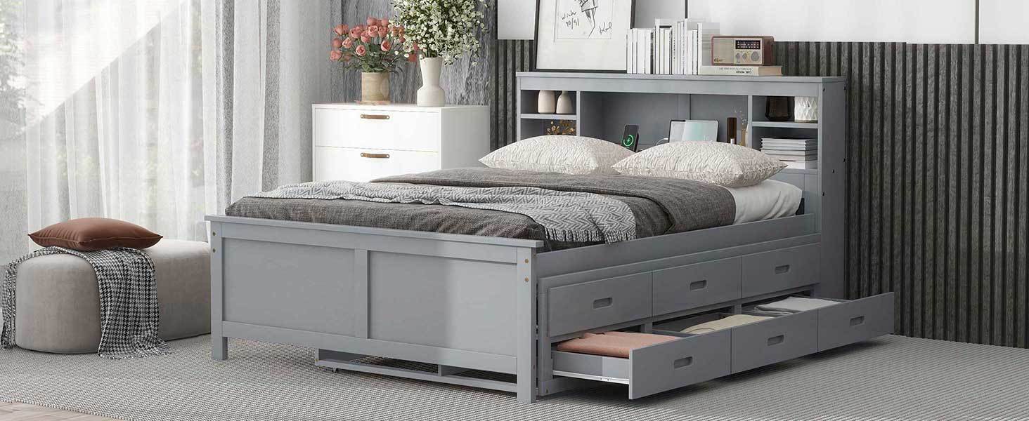 Full Size Platform Bed with Storage Headboard, USB, Twin Size Trundle and 3 Drawers, Gray