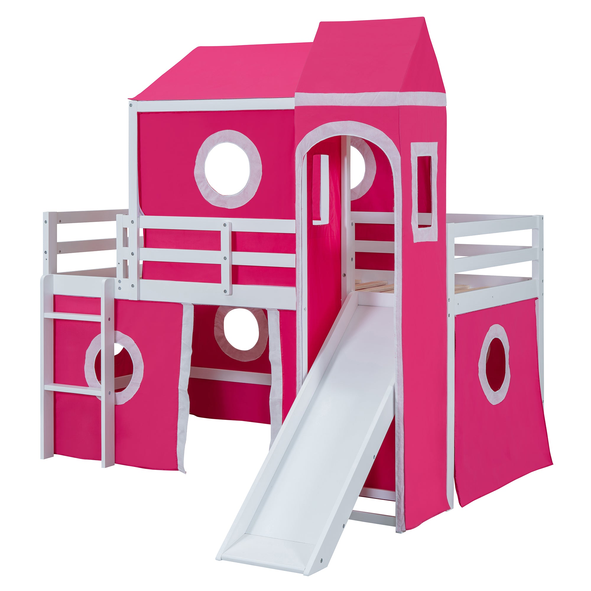 Twin Size Loft  Bed with Slide Pink Tent and Tower - Pink (OLD SKU:WF298769AAH)