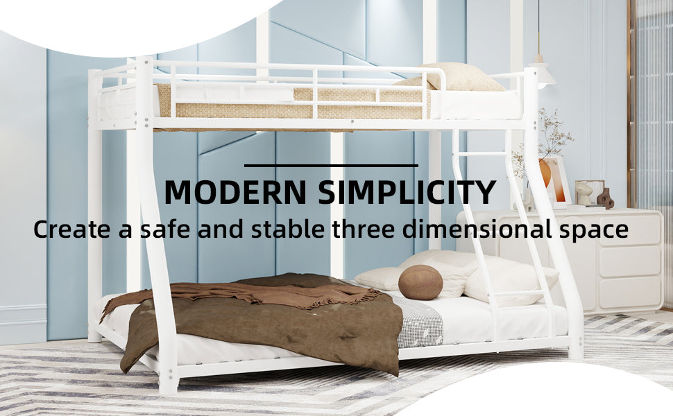 Twin over full white metal bunk bed with ladder detail