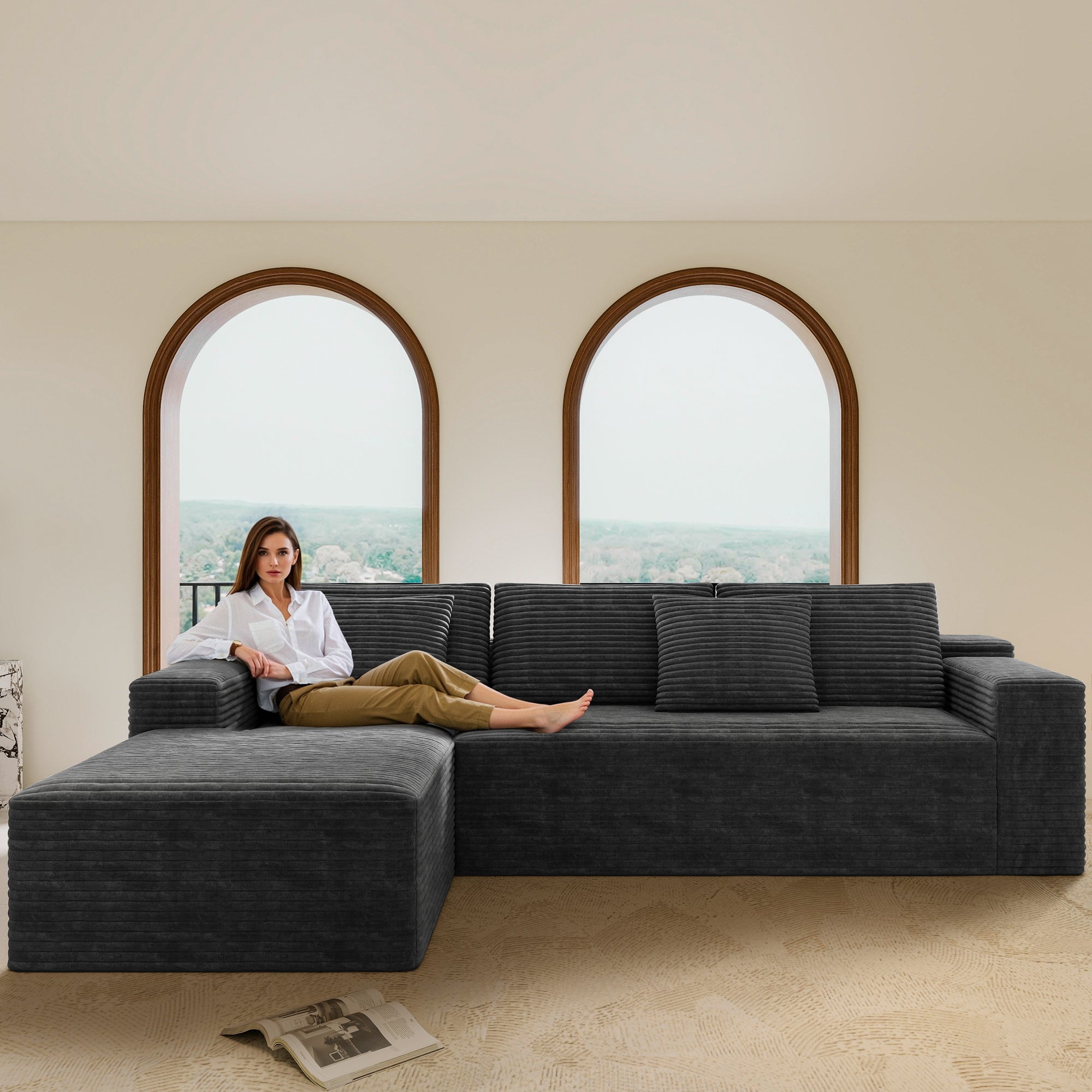 Grey corduroy modular sectional sofa, 104.3 inch two-piece, front view
