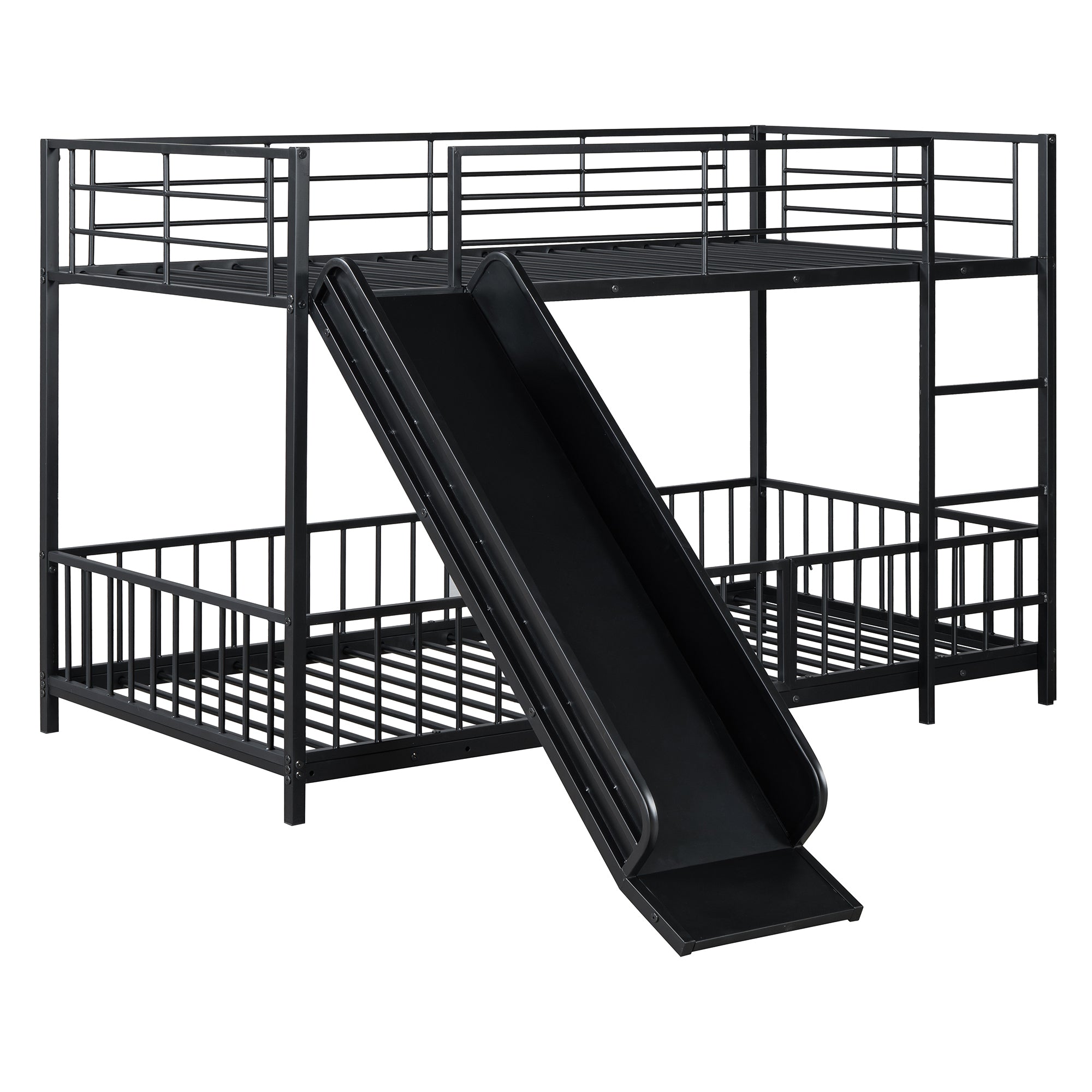 Twin over Twin Size Metal Bunk Bed with Slide and Guardrails, Black