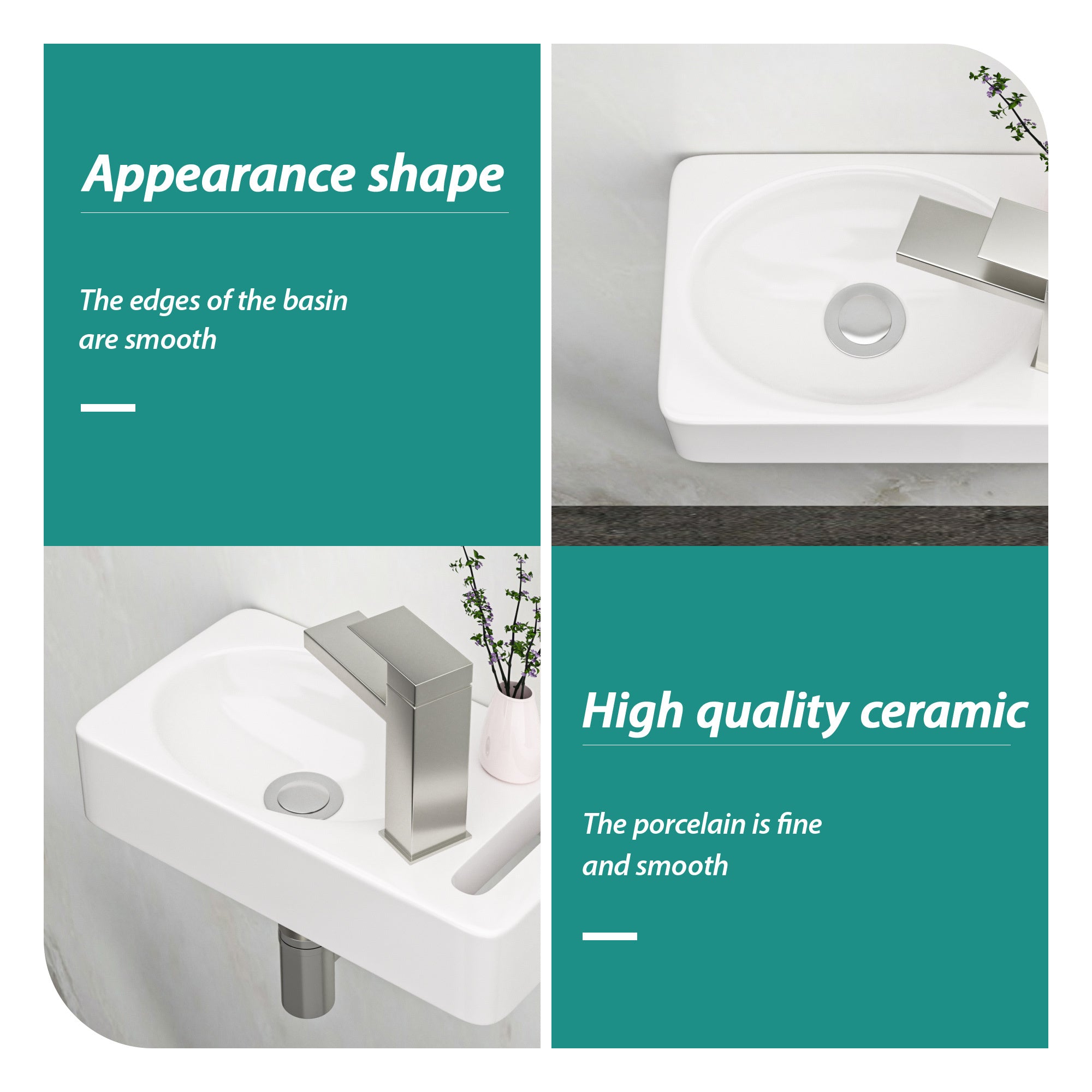 15.75x8.69 Inch White Ceramic Rectangle Wall Mount Bathroom Sink with Single Faucet Hole