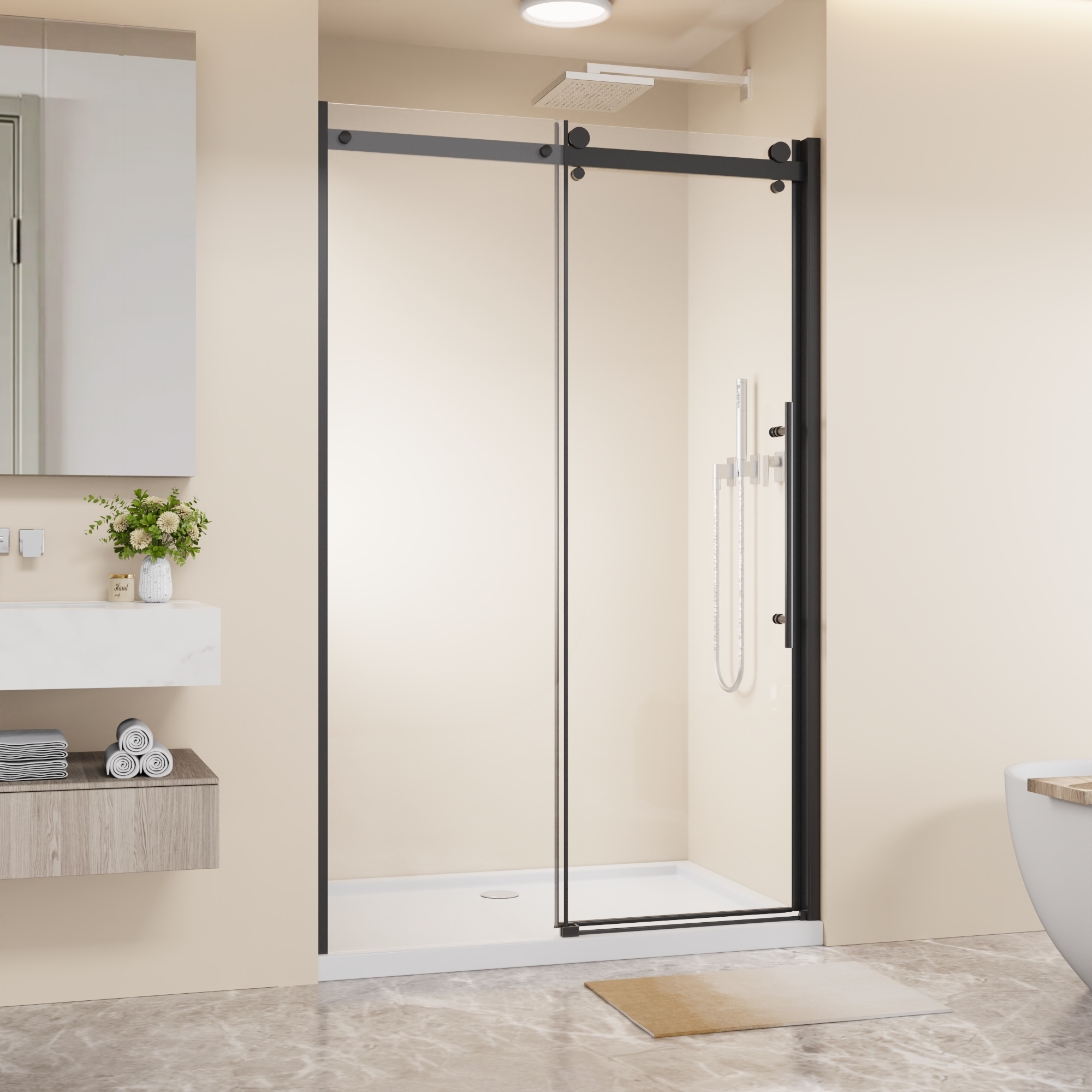 48 x 72 in Frameless Single Sliding Shower Door - 48 x 72 in / Matte Black / Zinc Roller view 1