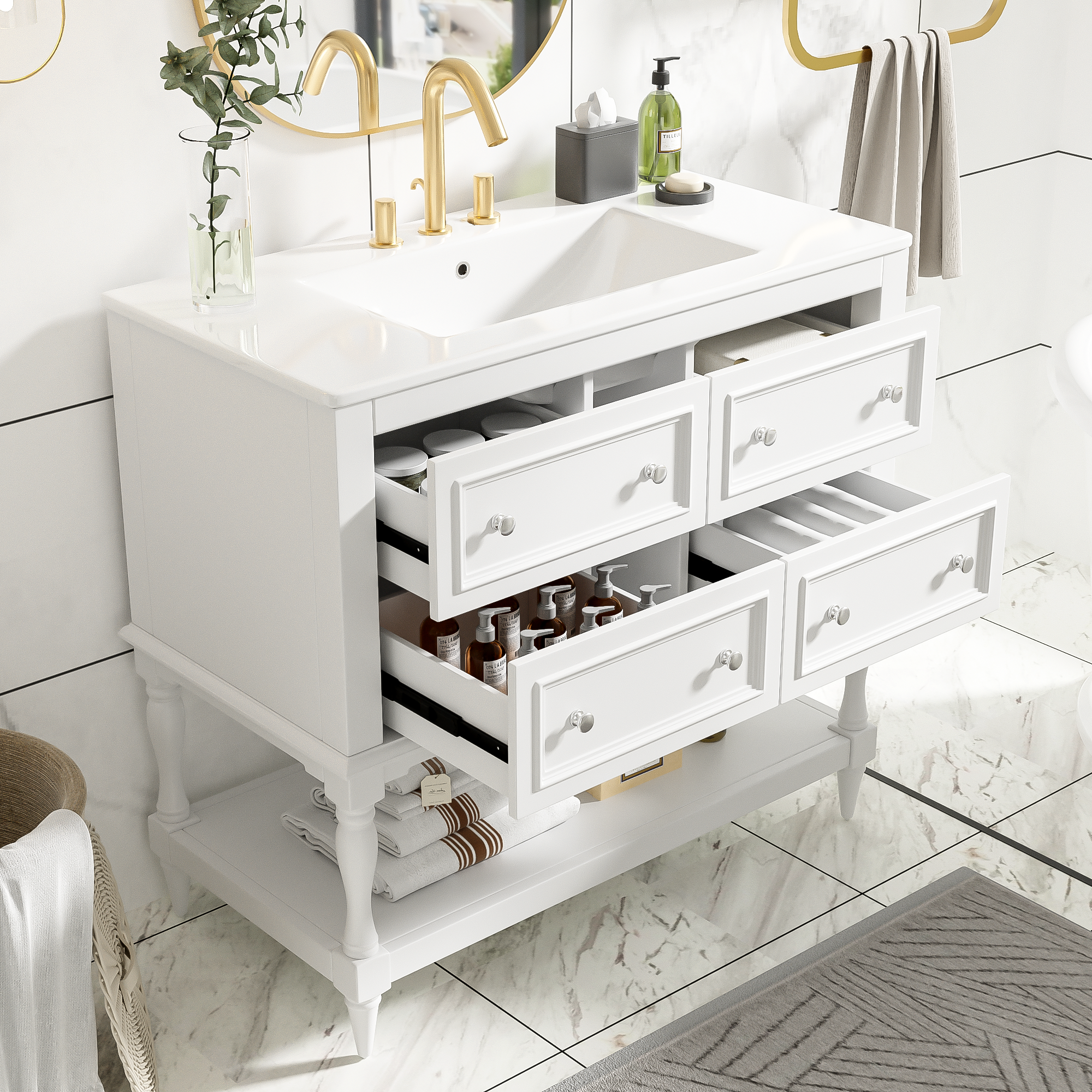 36 inch white freestanding bathroom vanity with undermount ceramic sink, front view