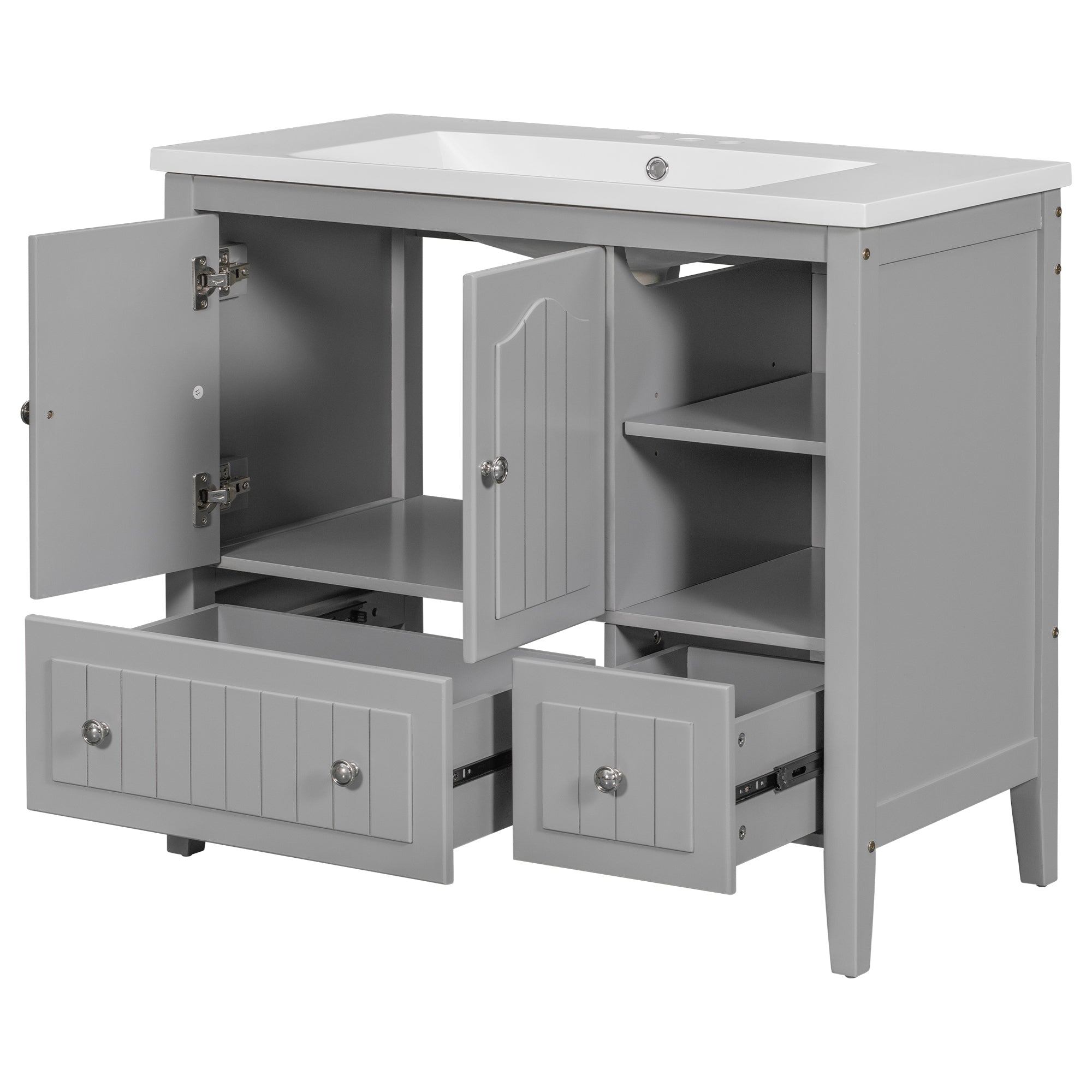 [VIDEO] 36" Bathroom Vanity with Ceramic Basin, Bathroom Storage Cabinet with Two Doors and Drawers, Solid Frame, Metal Handles, Grey (OLD SKU: JL000003AAE)