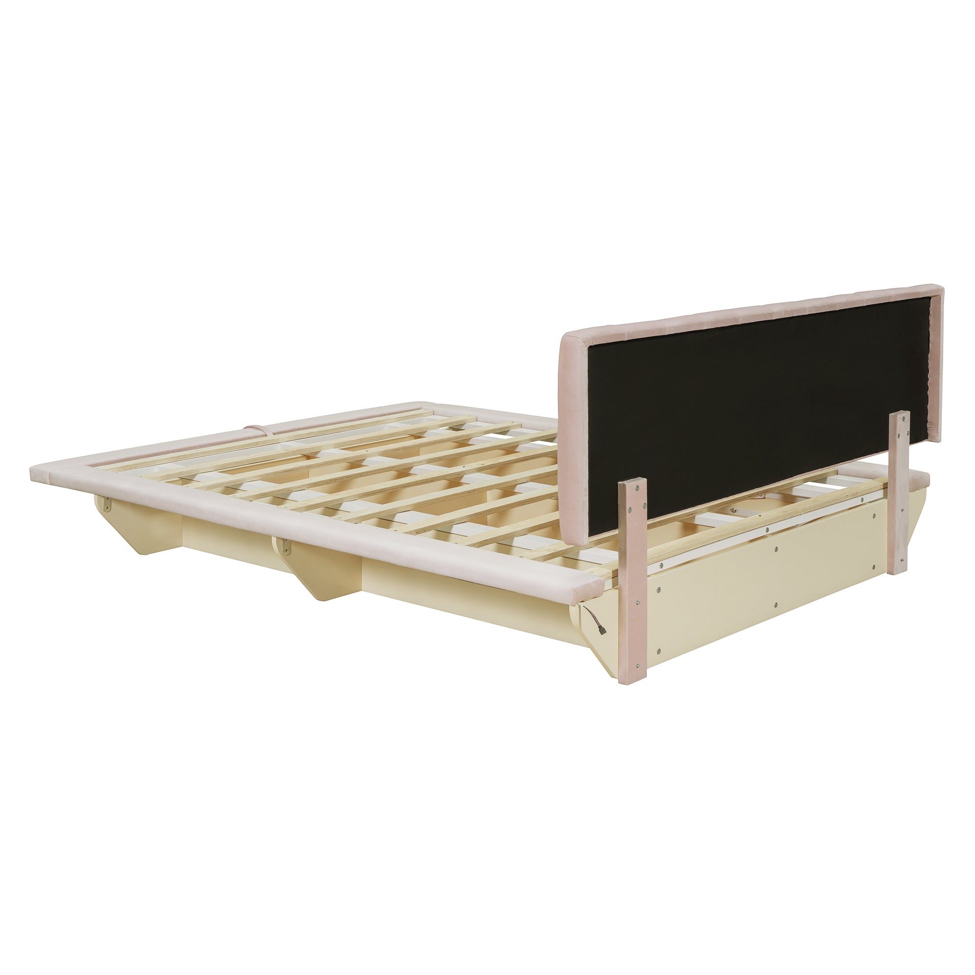 Queen Size Upholstered Floating Bed with LED Light and USB Port, Velvet, Pink, Hydrualic Platform Bed