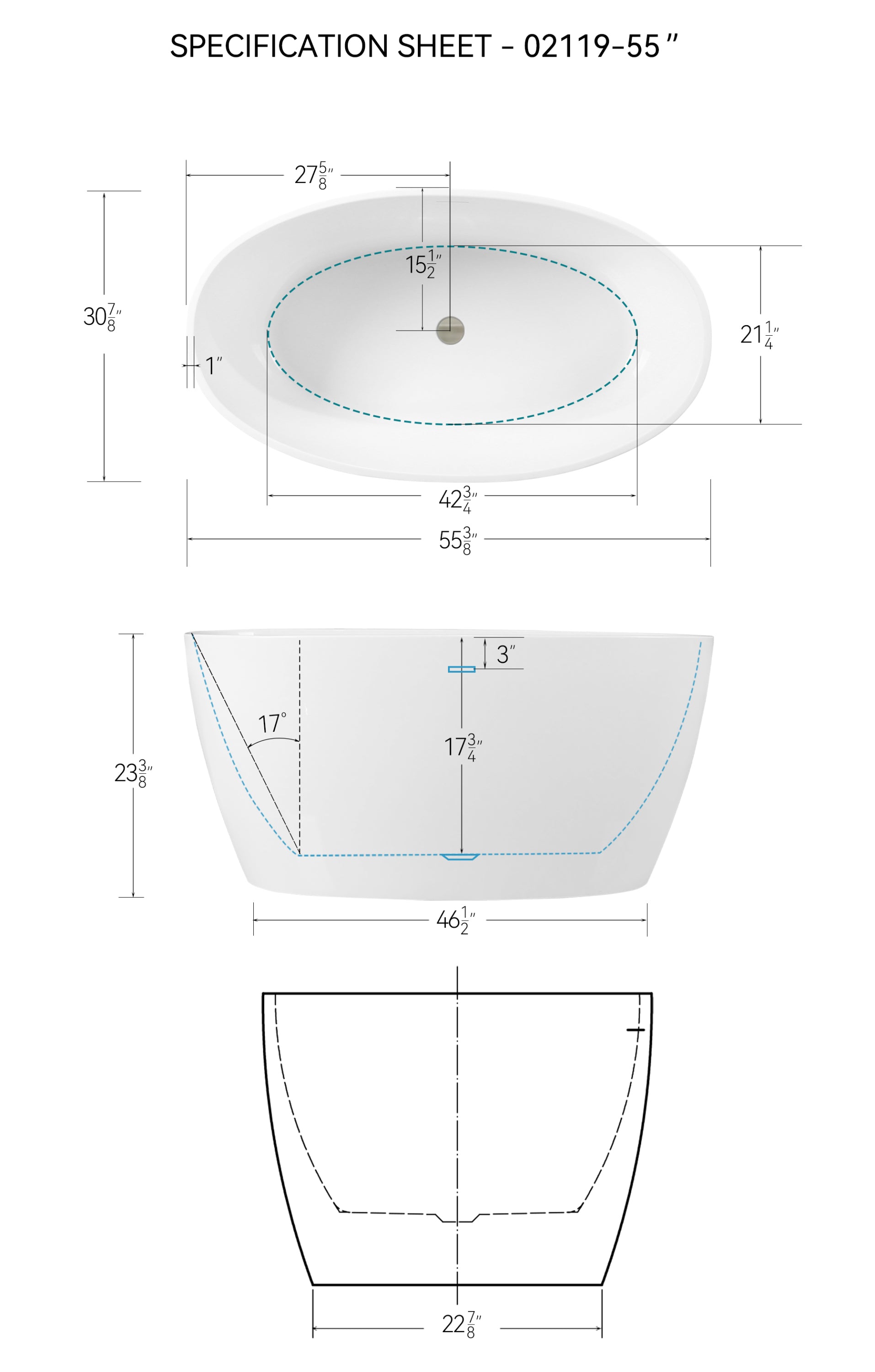 55" Glossy White Acrylic Freestanding Bathtub, Elegant Oval Shape Soaking Bathtub, Brushed Nickel Drain and Integrated Slotted Overflow Assembly, cUPC Certified, 02119-BN