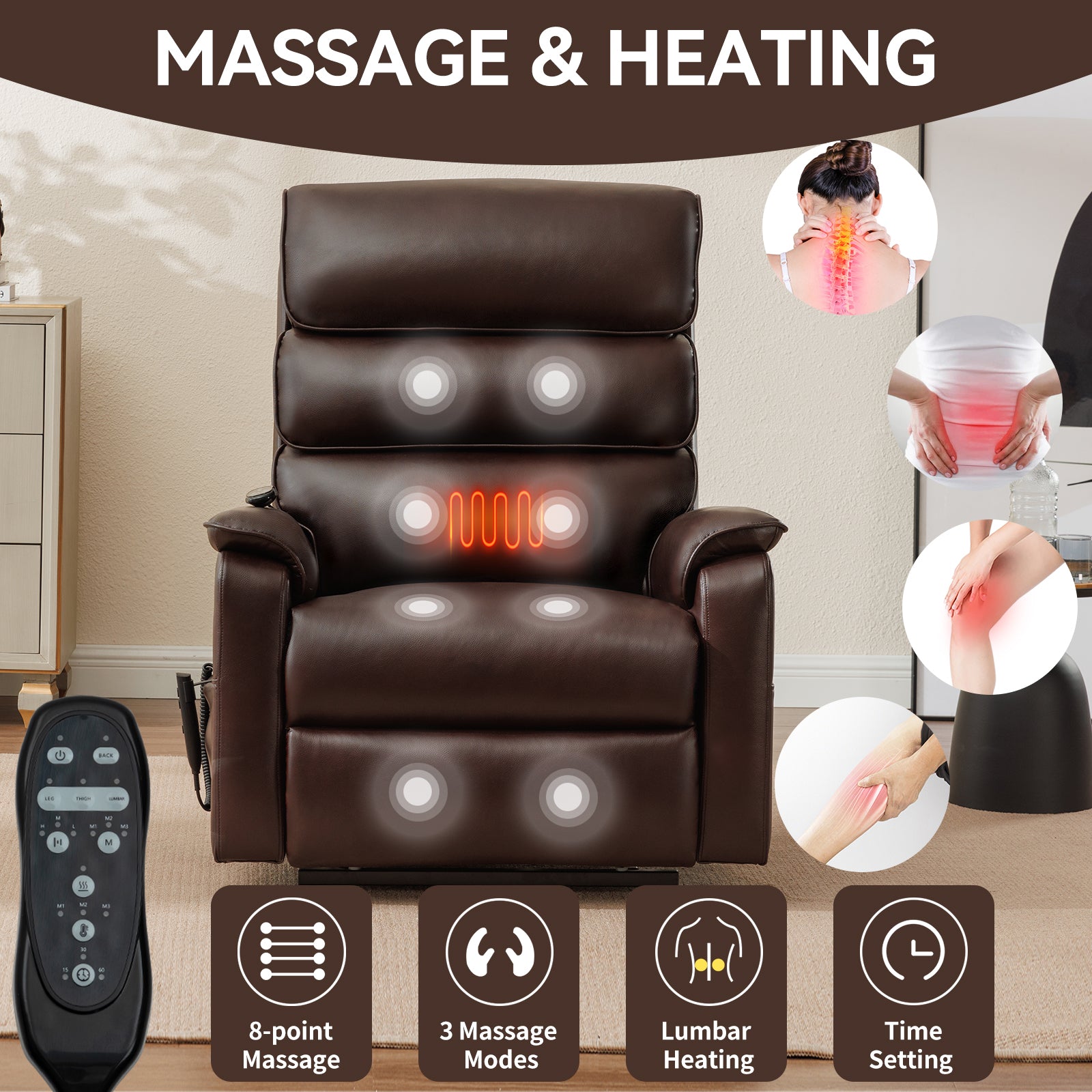 Brown Leatheraire Dual Motor Infinite Position Up to 350 LBS Power Lift Recliner Chair with Power-Remote, Heat Massage and Heavy Duty Motion Mechanism