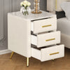 Beige nightstand with metal legs and handles, angled view