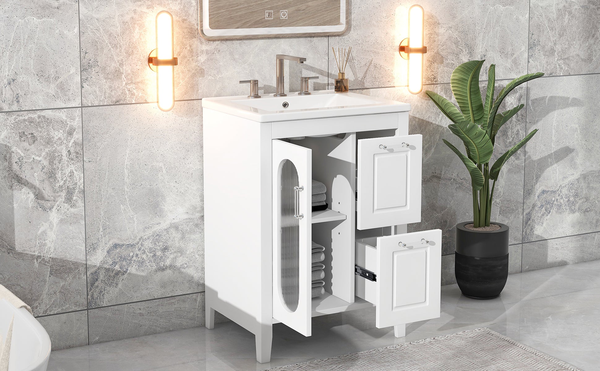 24" Bathroom Vanity with Sink, Bathroom Vanity Cabinet with Two Drawers and Door, Adjustable Shelf, Solid Wood and MDF, White