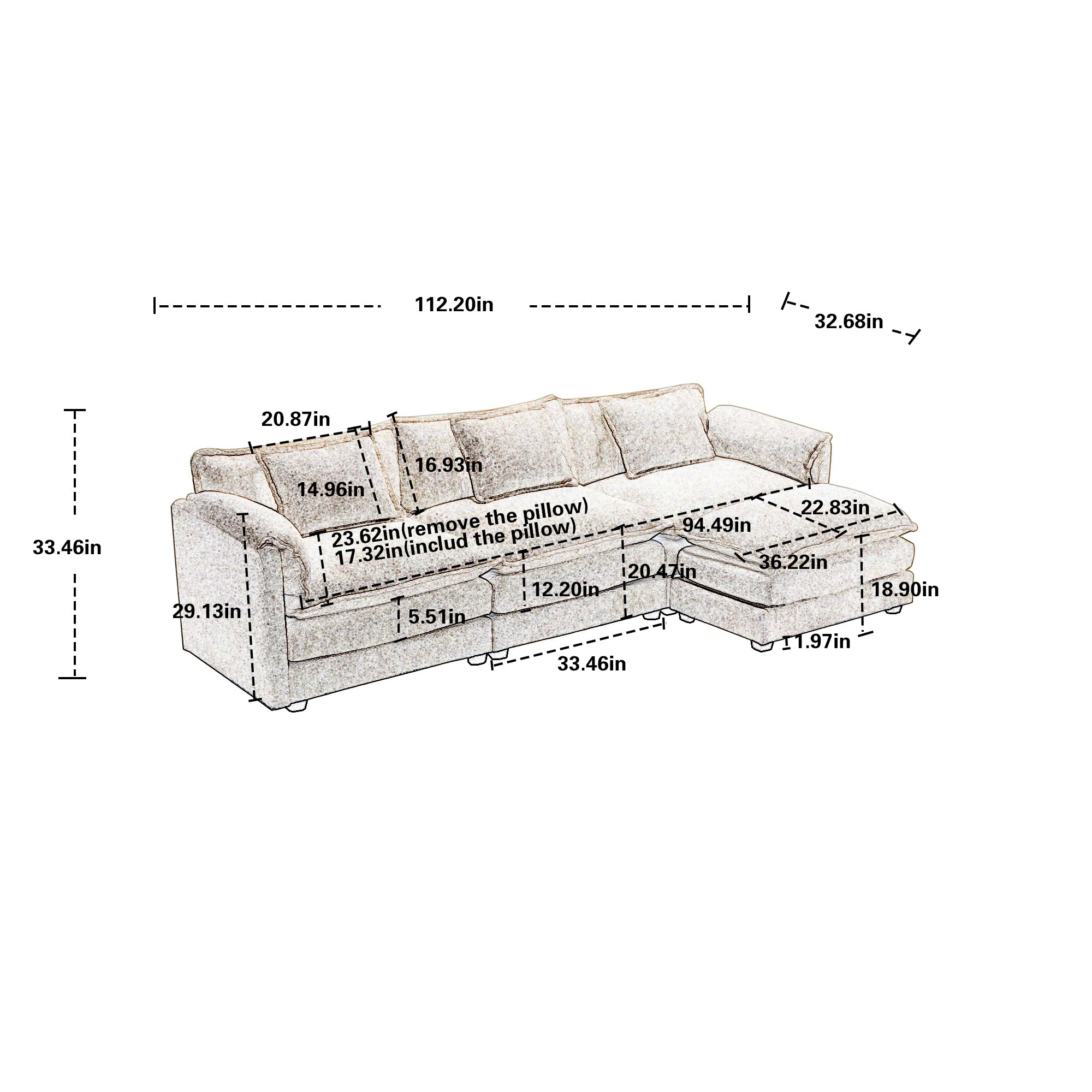 Modern Large boucle Fabric L-Shape Sectional Chenille fabric, movable pedals, detachable armrests, oversized three-seat Sofa