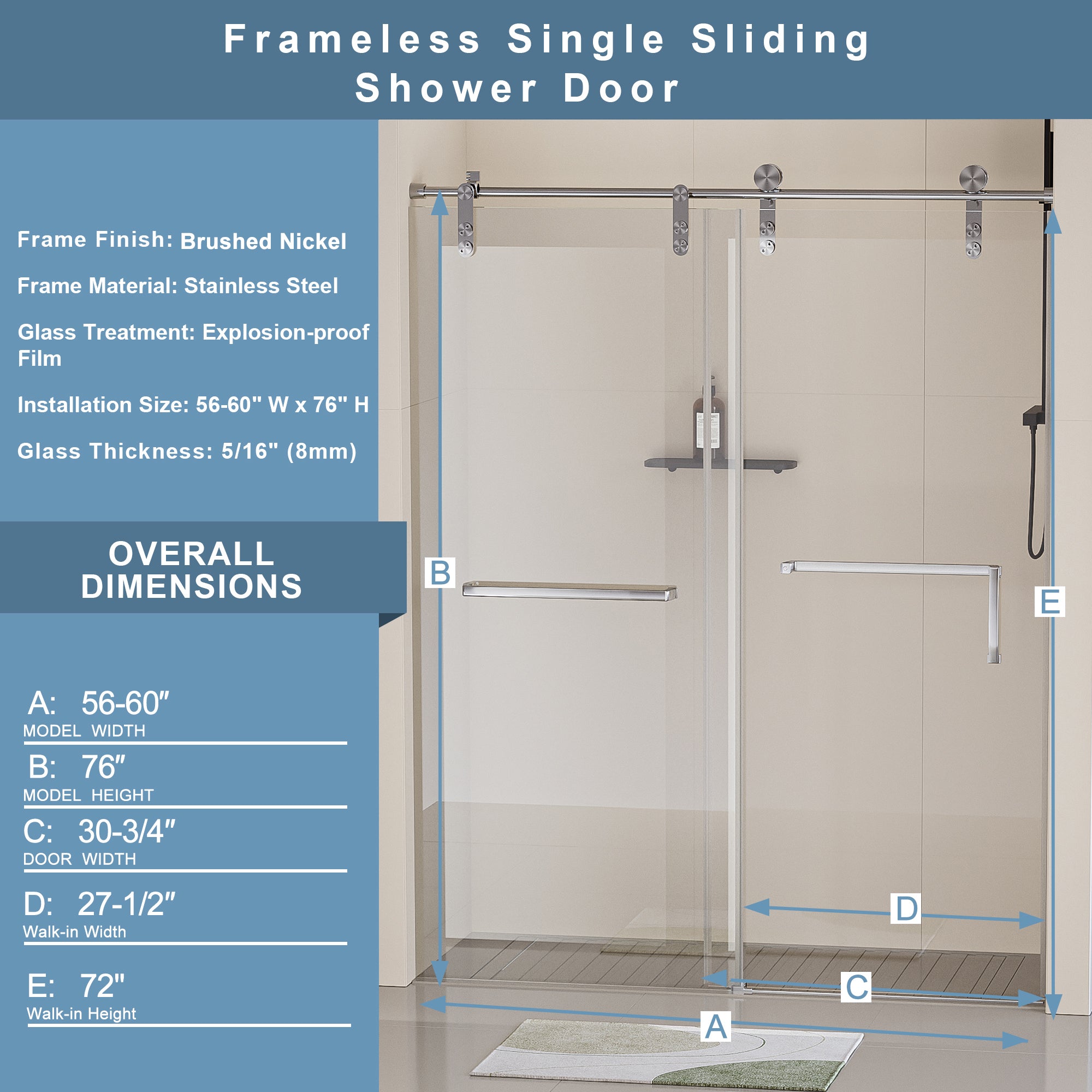 56-60"W x 76"H Frameless Shower Door, Single Sliding 5/16" (8mm) Clear Tempered Glass Shower Door with Explosion-Proof Film, Stainless Steel Hardware, Brushed Nickel 24D210-60BN-COMBO