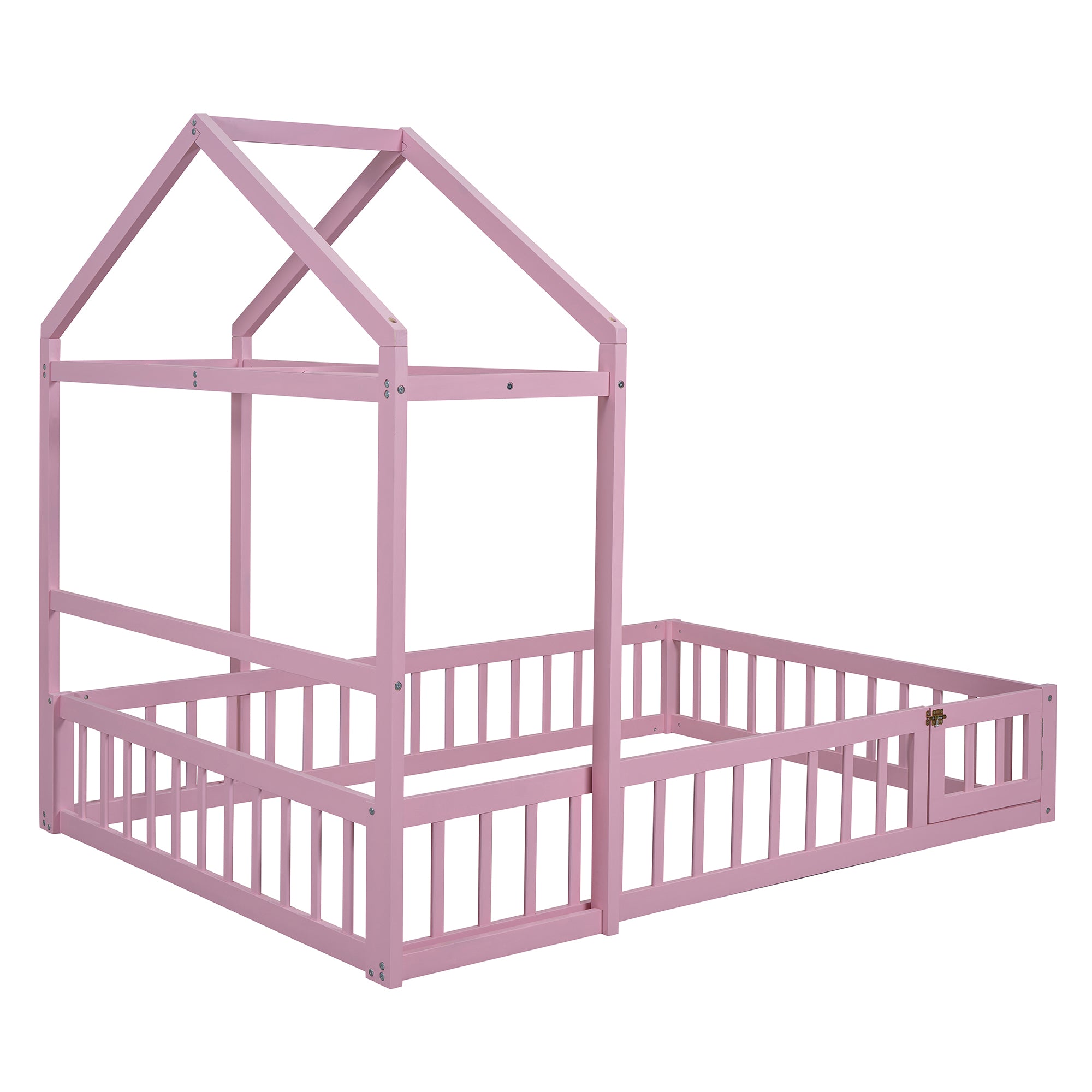 Wooden Floor Bed with Fence Railings and Detachable House Shape Headboard,Full Size Bed with Kids Dress Up Rack, Kids Montessori Style Playhouse Frame for Girls Boys, Pink