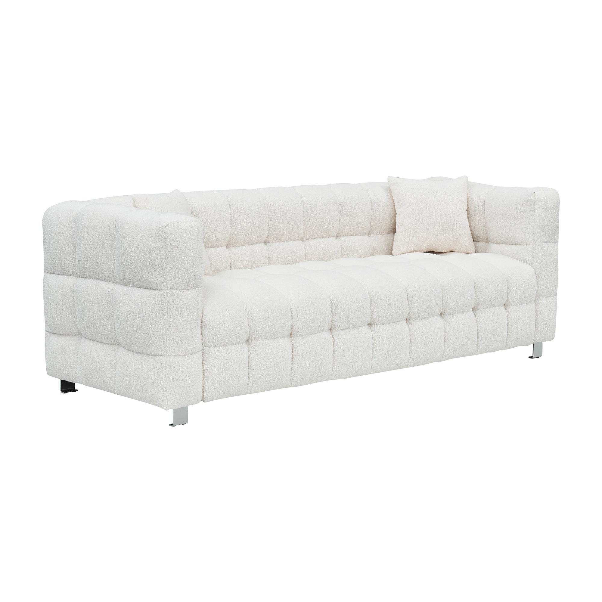 Sophisticated Comfort: Beige White Teddy Plush Sofa - 80 Inch, Perfect for Living Room or Bedroom, Includes Two Throw Pillows and Heavy-Duty Hardware Foot Support