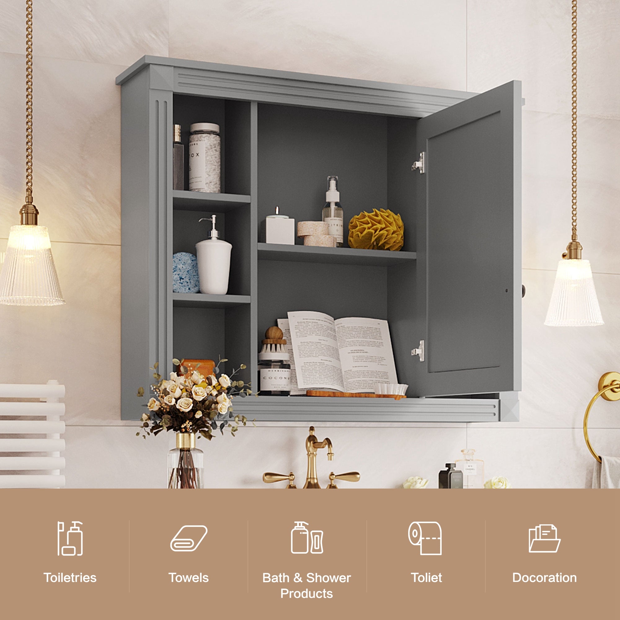Modern wall mounted bathroom mirror medicine cabinet with shelves, installed room view