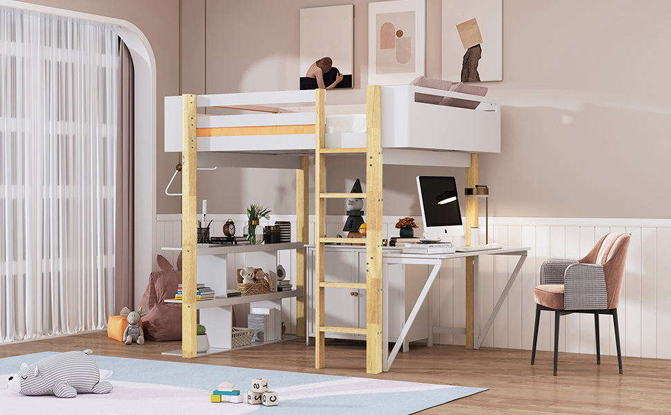 Full Size Wood Loft Bed With Built-in Storage Cabinet and Cubes, Foldable desk, White