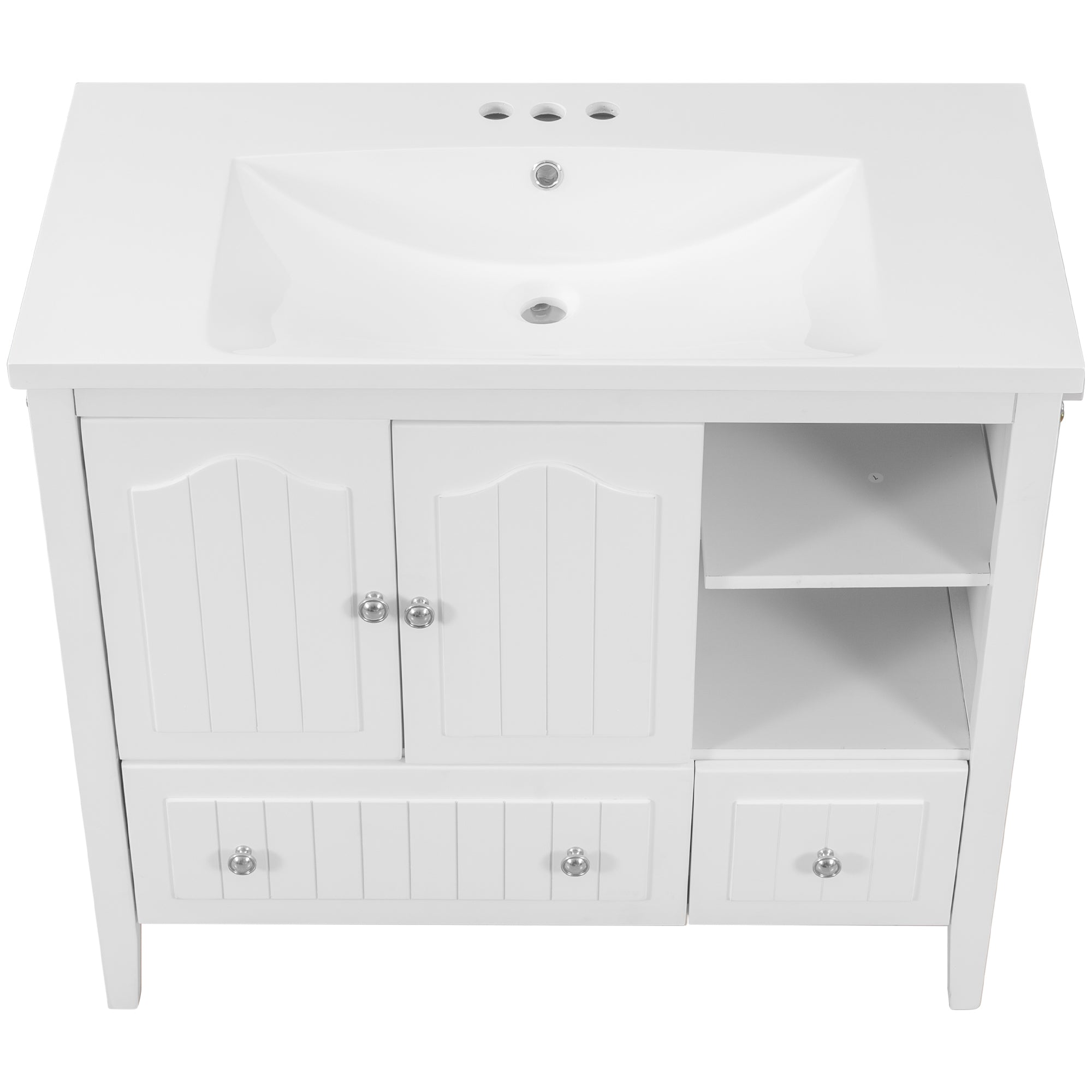 [VIDEO] 36" Bathroom Vanity with Ceramic Basin, Bathroom Storage Cabinet with Two Doors and Drawers, Solid Frame, Metal Handles, White