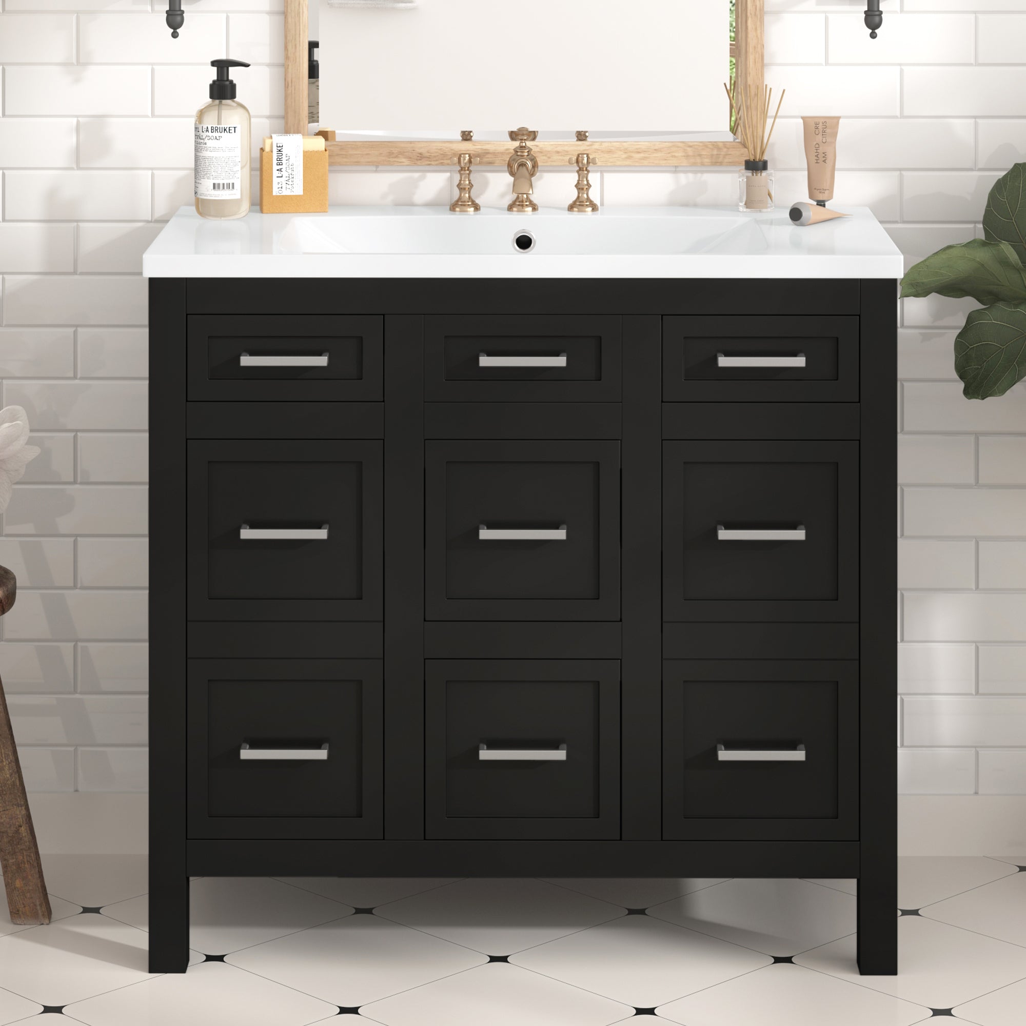 36" Bathroom Vanity Cabinet with Resin Integrated Sink - 4 Drawers, 2 Doors