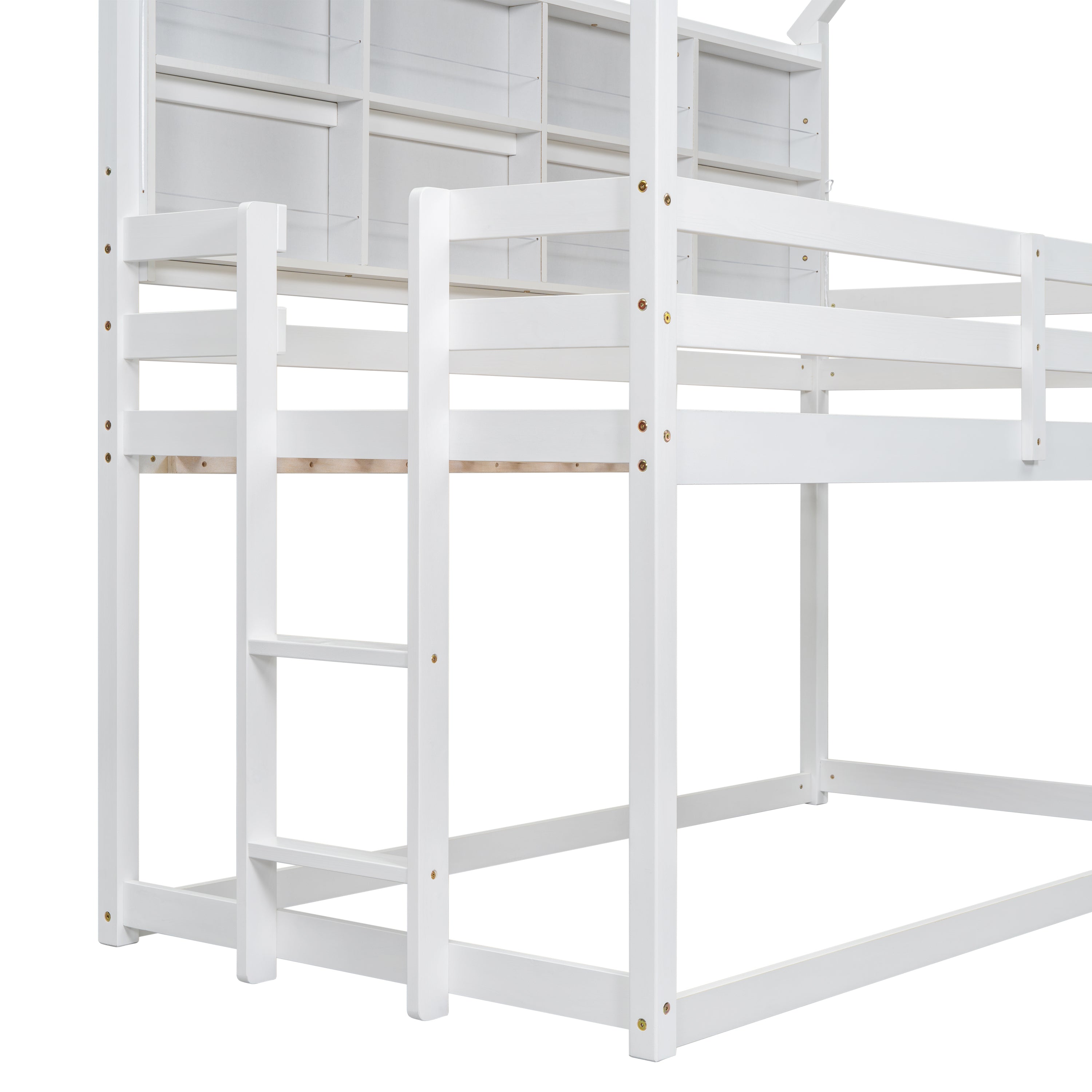 Twin Over Twin Low Bunk Bed with House Semi-enclosed Roof,Guardrails, Bedside Shelves and Ladder, White