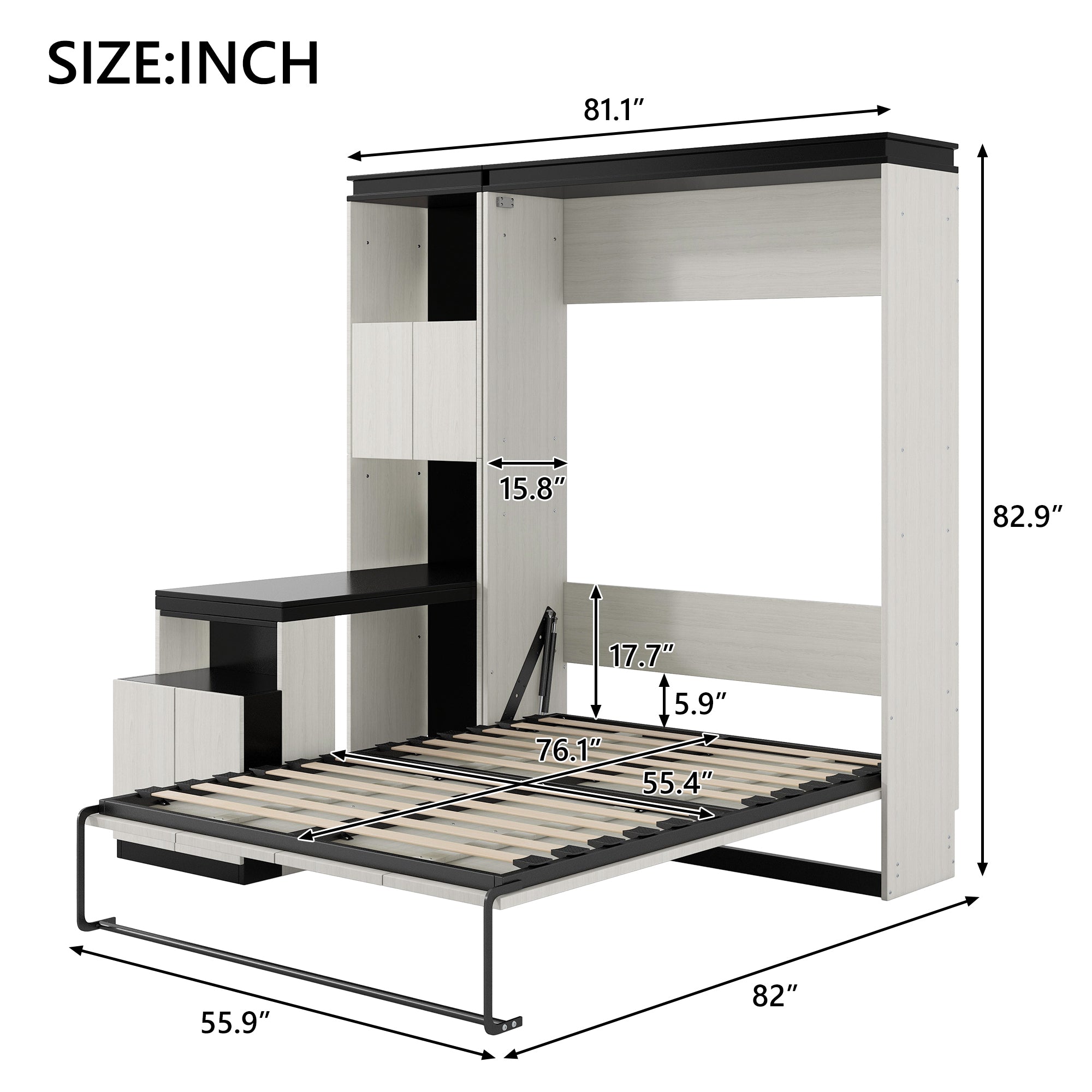 Full Size Murphy Bed with Desk and Storage Shelves and  Cabinets, Black+White