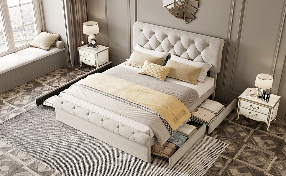 Full size Upholstered Platform bed with Four Drawers, Antique Curved Headboard, Linen Fabric, Beige (without mattress)